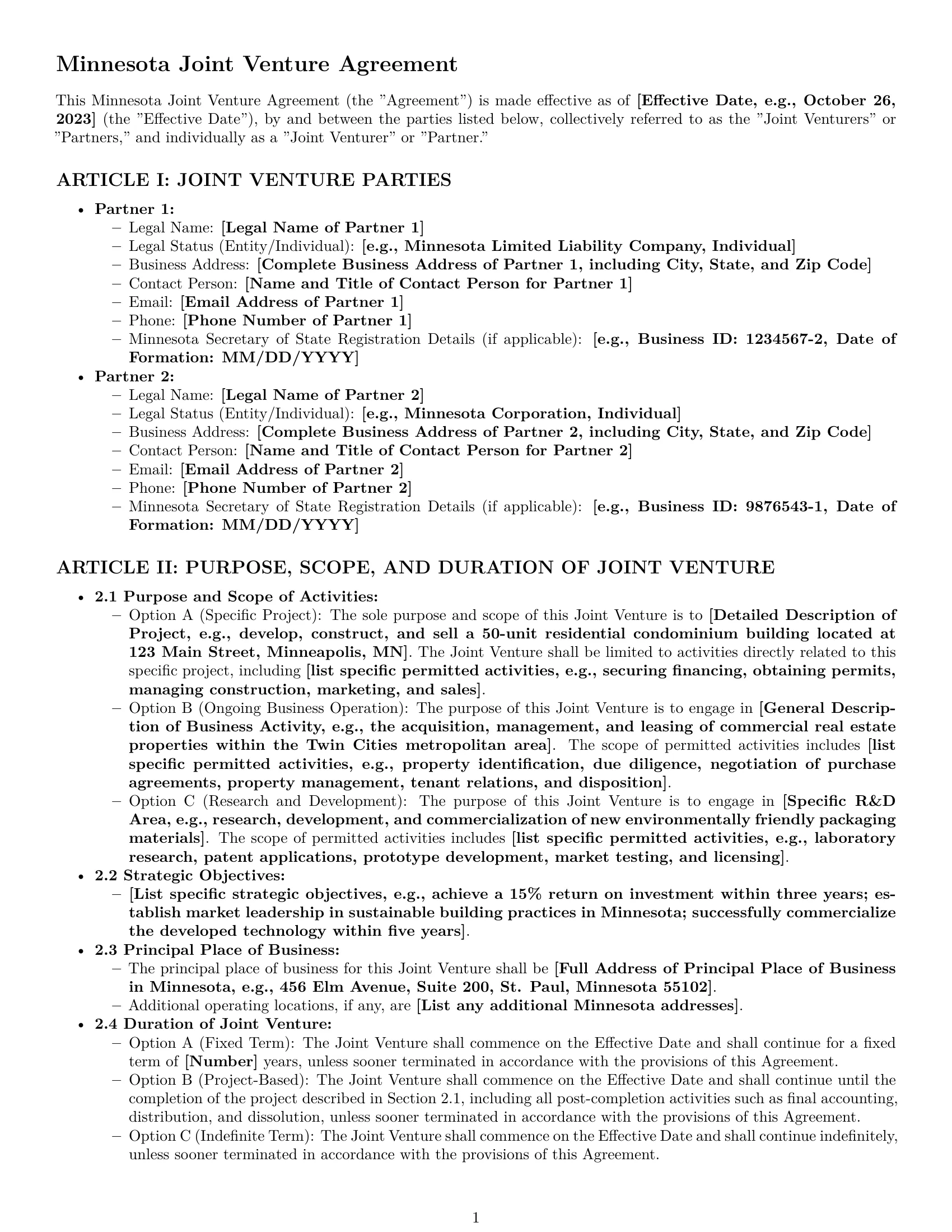 Preview page 1 of Pro Minnesota joint venture agreement template