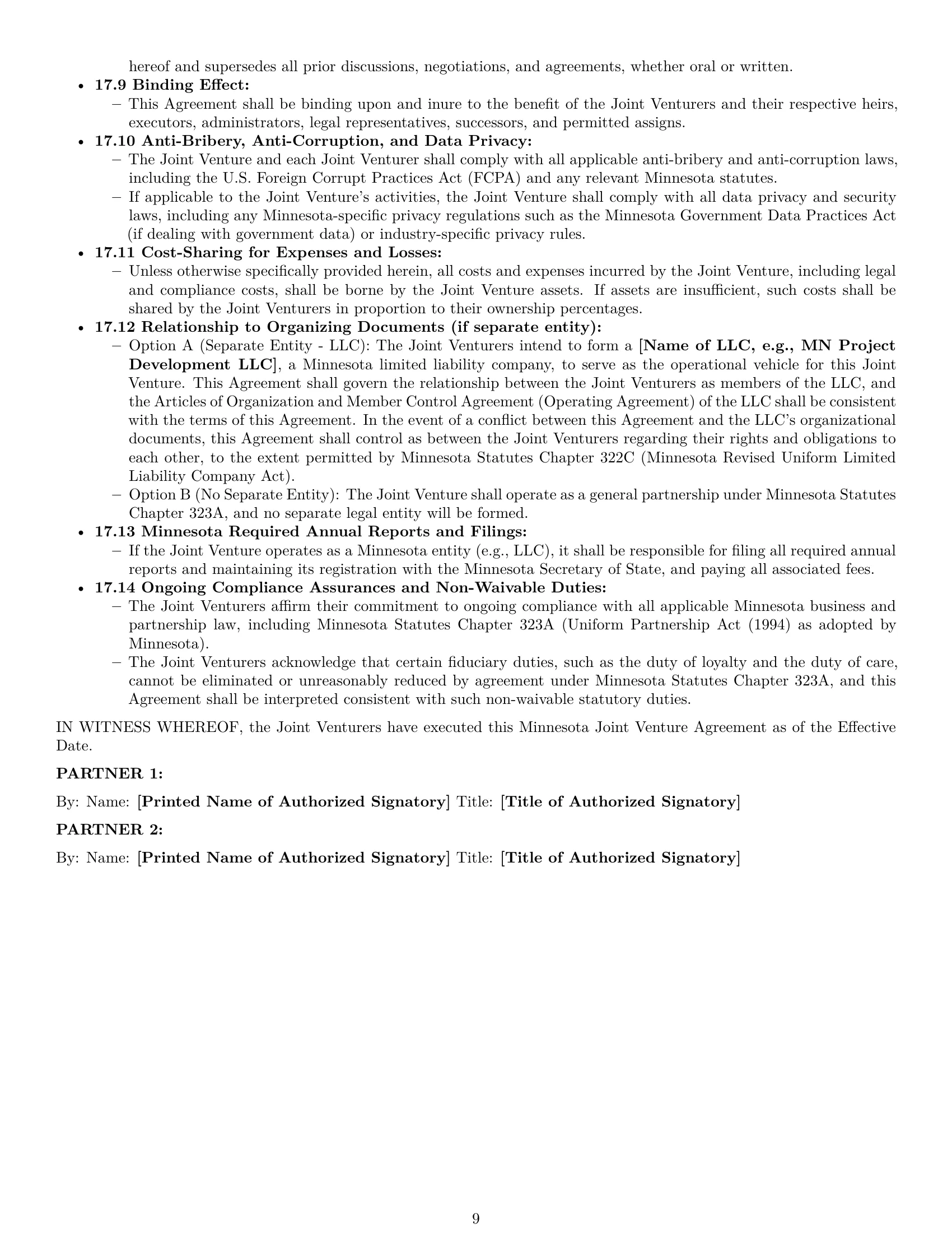 Preview page 9 of Pro Minnesota joint venture agreement template