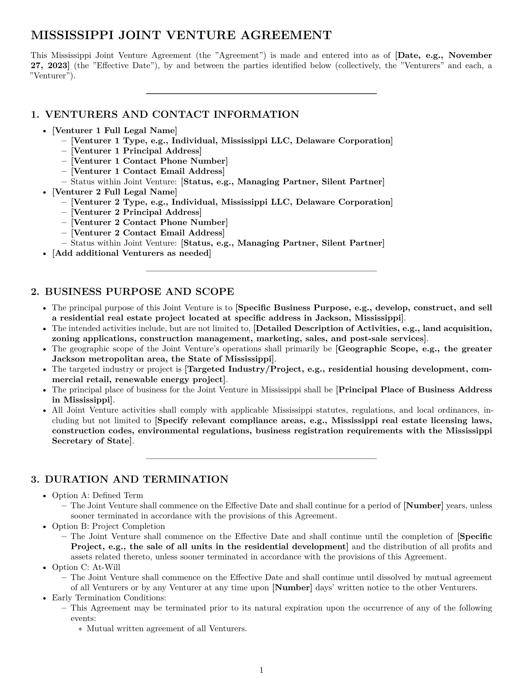 Preview page 1 of Pro Mississippi joint venture agreement template