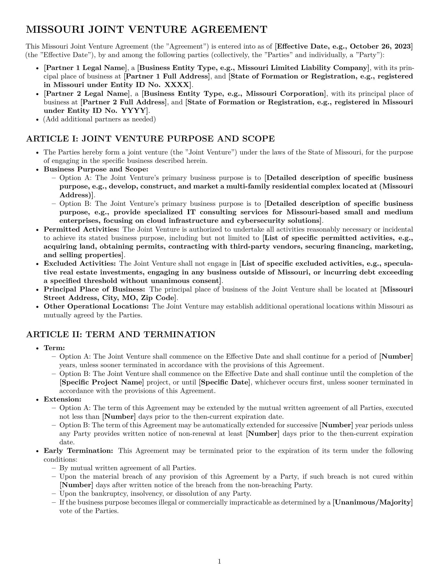 Preview page 1 of Pro Missouri joint venture agreement template
