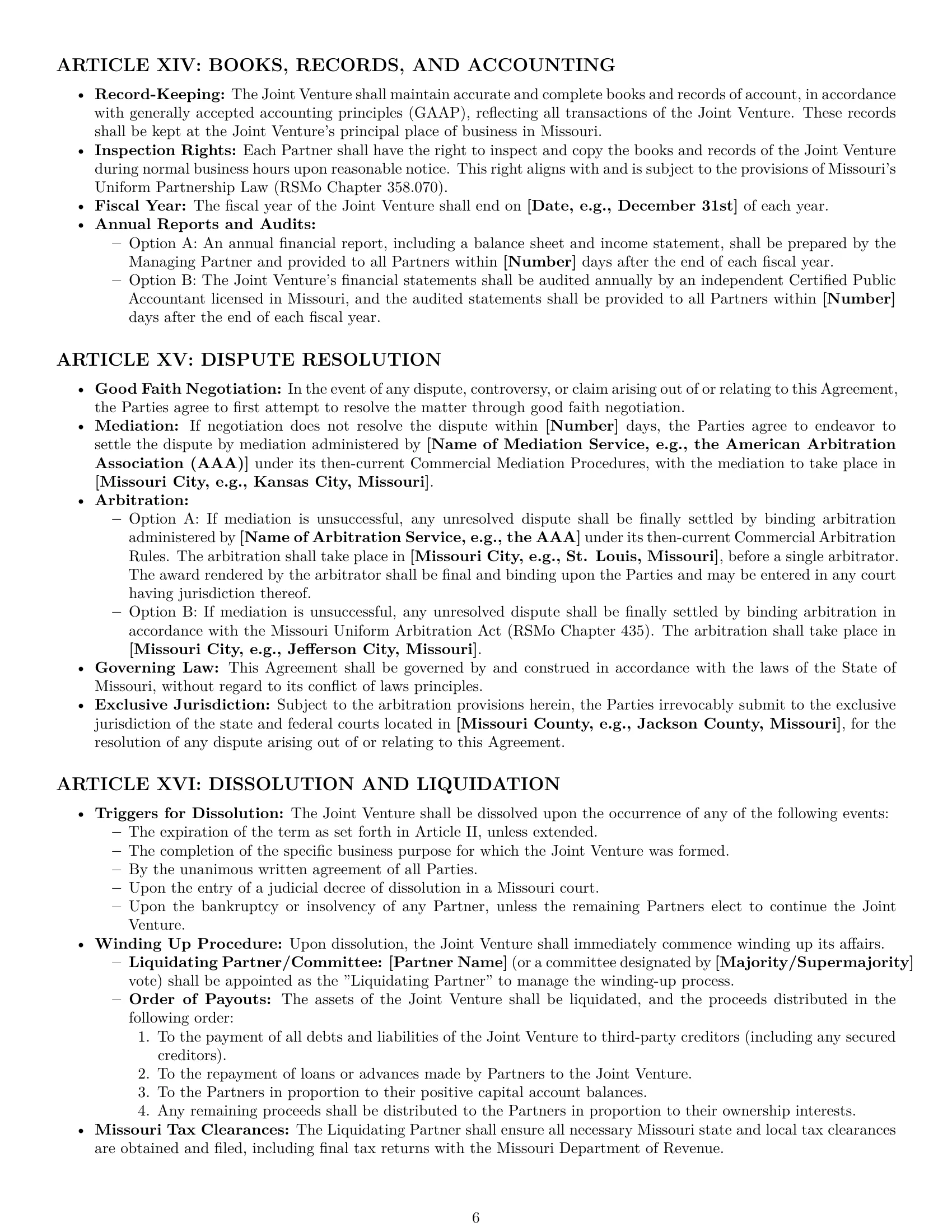 Preview page 6 of Pro Missouri joint venture agreement template
