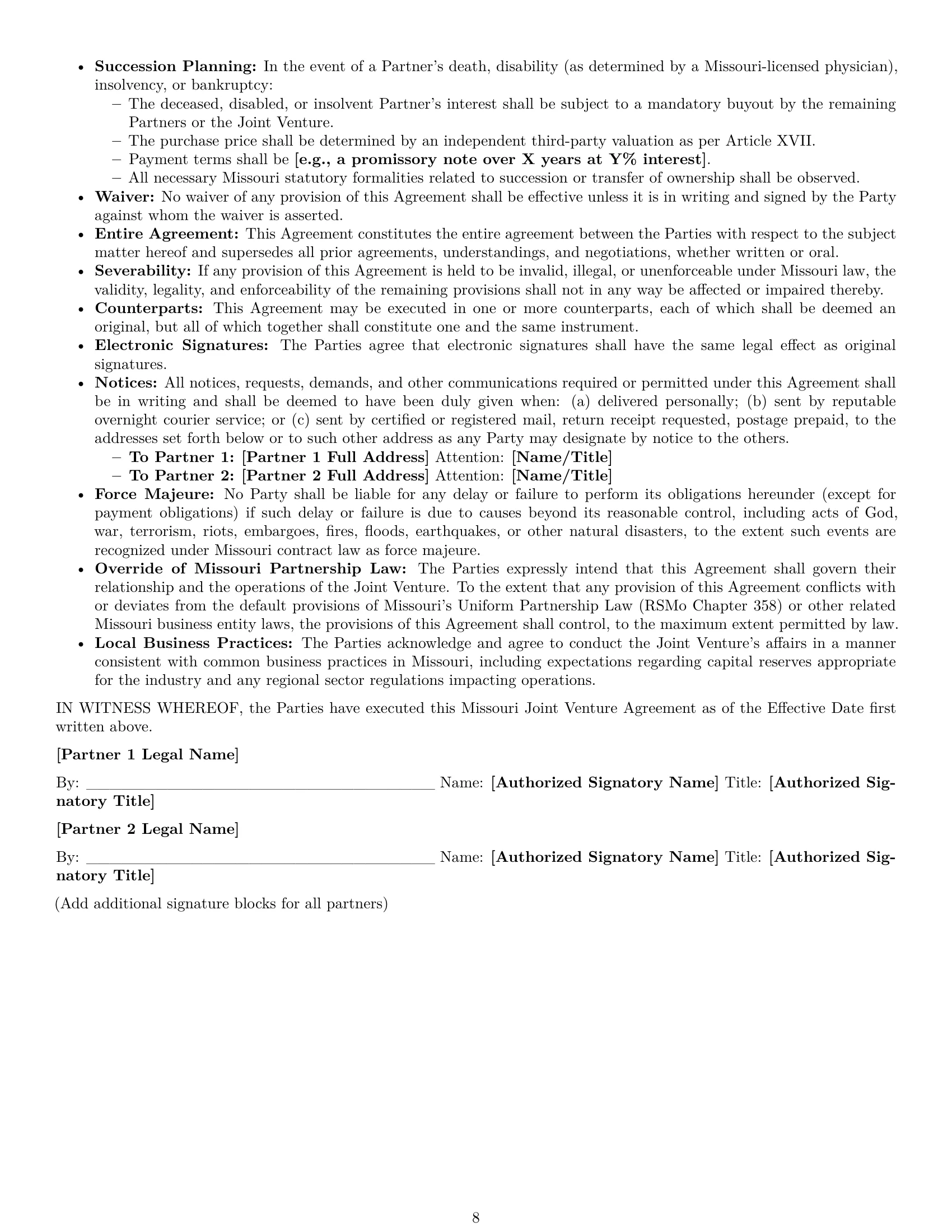Preview page 8 of Pro Missouri joint venture agreement template