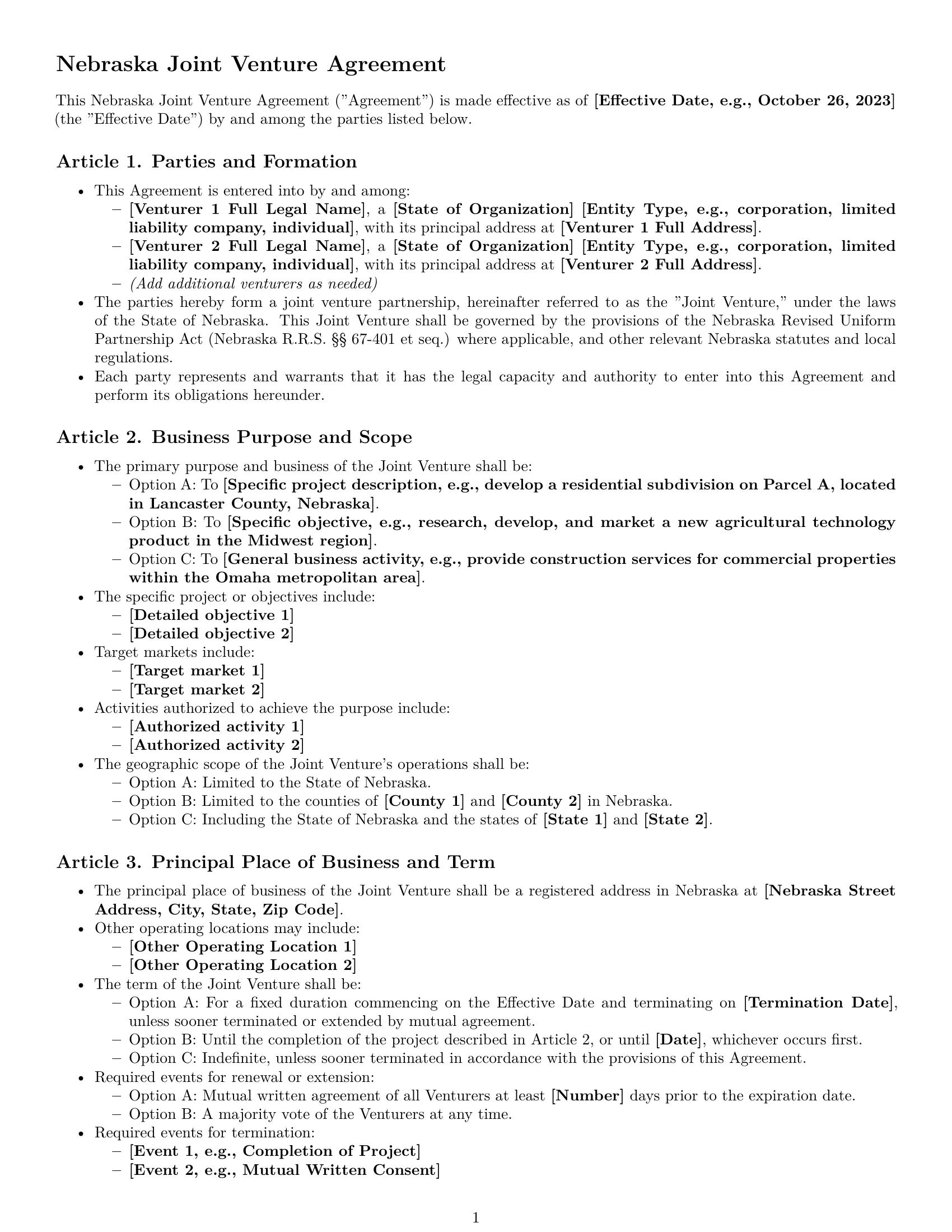 Preview page 1 of Pro Nebraska joint venture agreement template