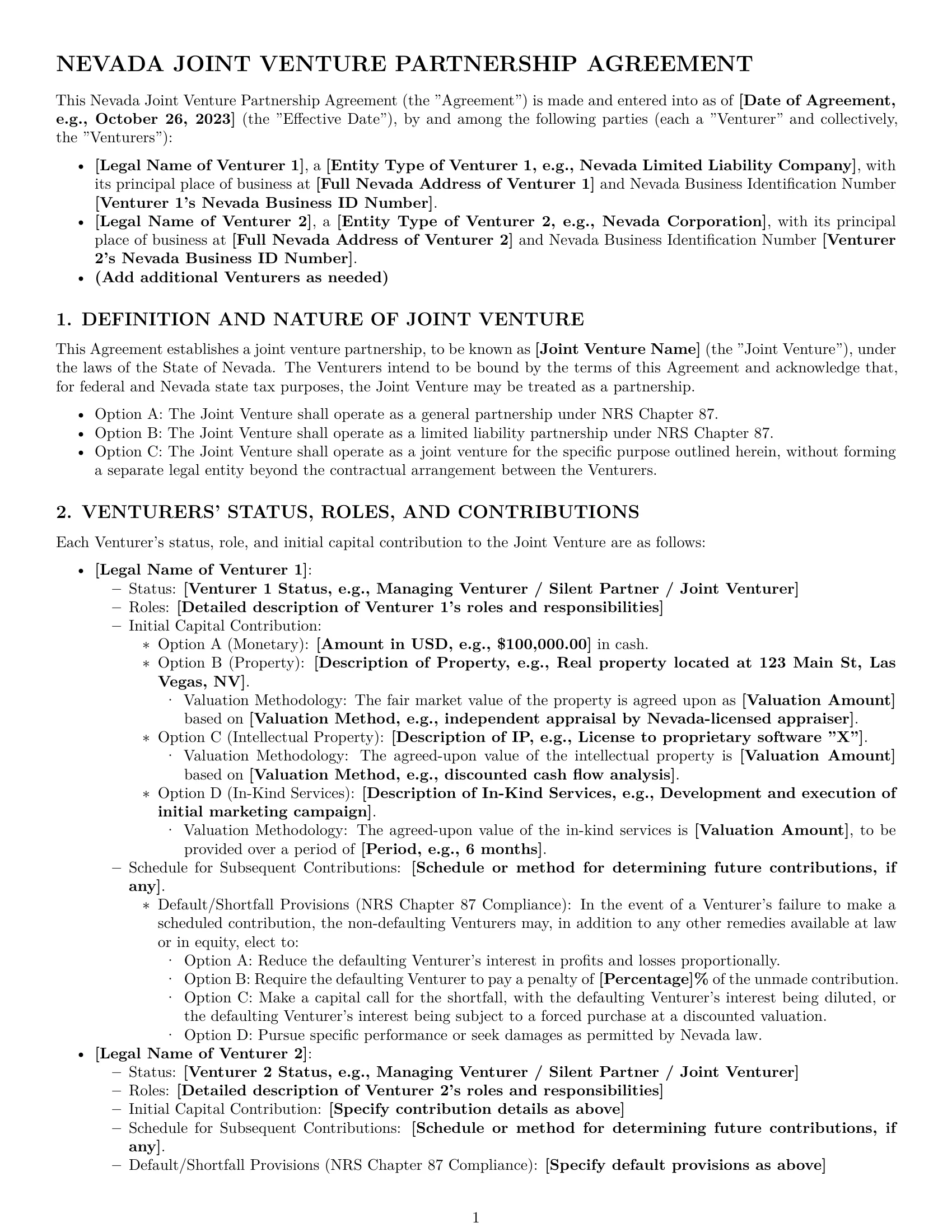 Preview page 1 of Pro Nevada joint venture agreement template