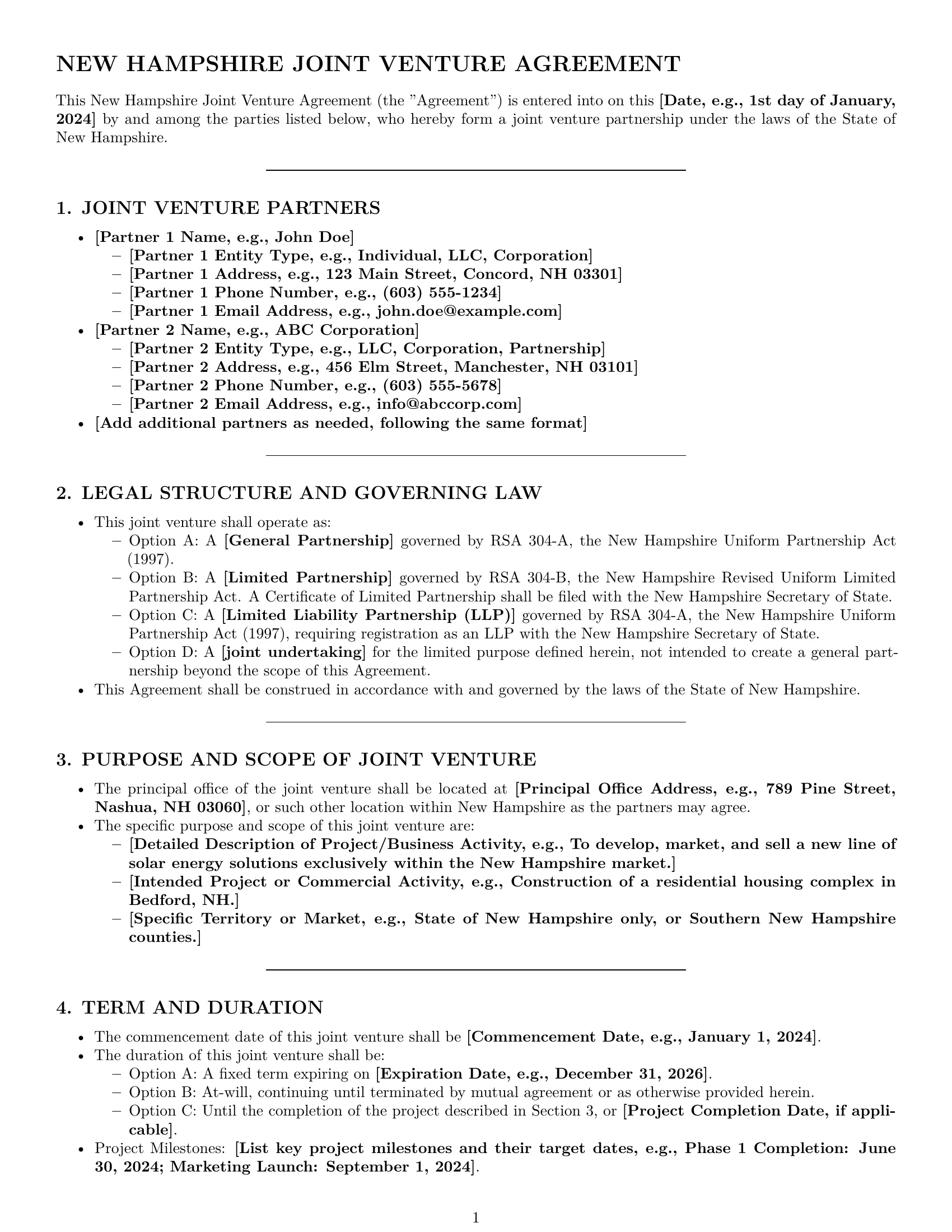 Preview page 1 of Pro New Hampshire joint venture agreement template