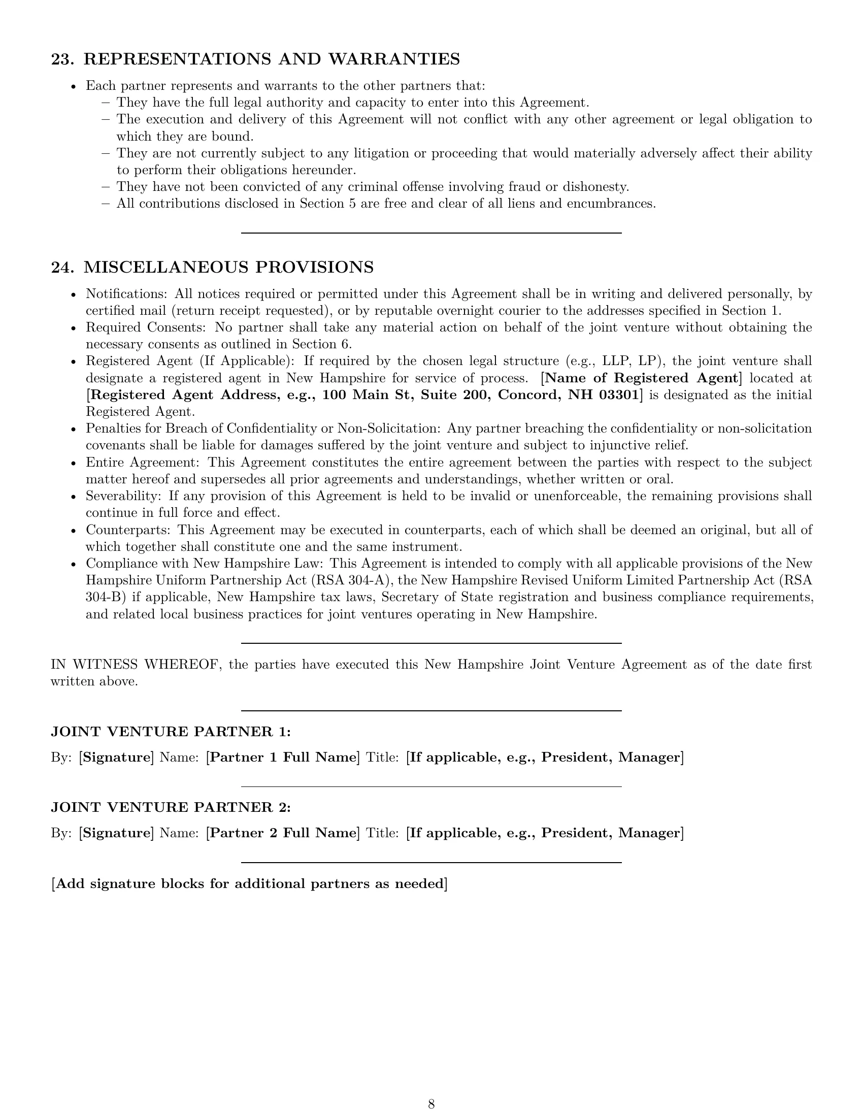 Preview page 8 of Pro New Hampshire joint venture agreement template