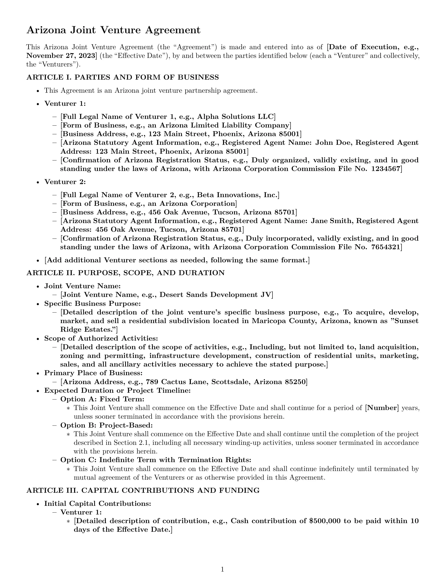 Preview page 1 of Pro Arizona joint venture agreement template