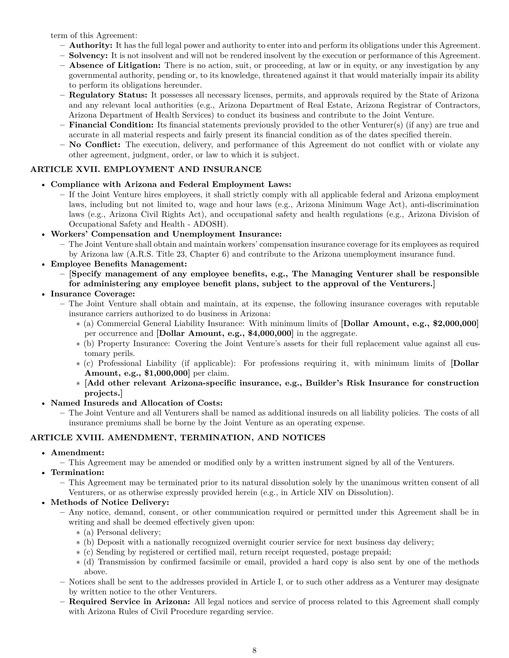 Preview page 8 of Pro Arizona joint venture agreement template