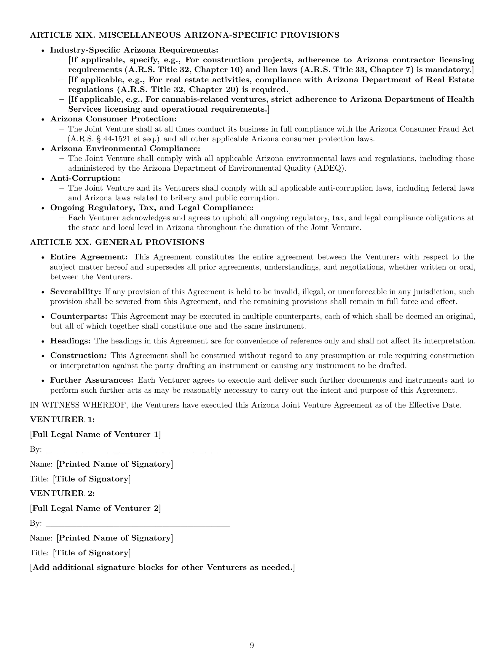 Preview page 9 of Pro Arizona joint venture agreement template