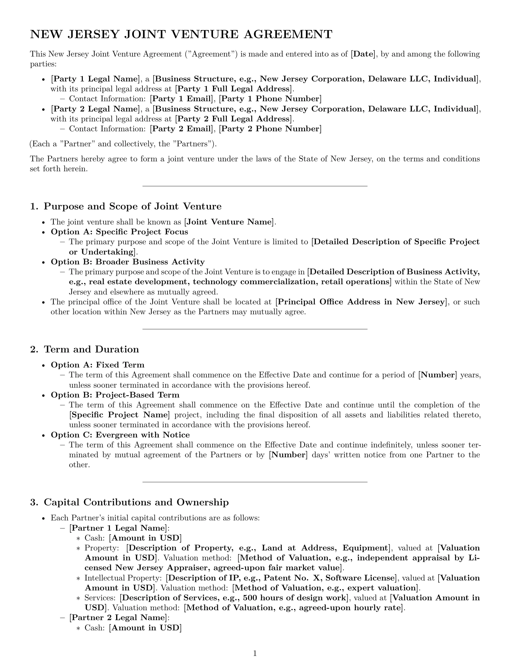 Preview page 1 of Pro New Jersey joint venture agreement template