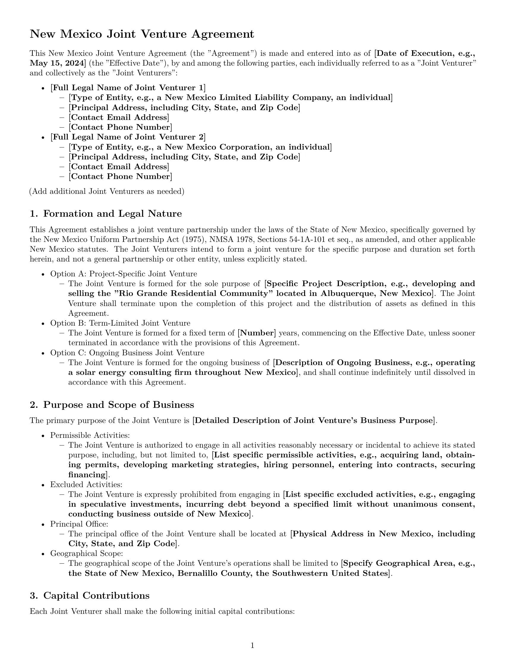 Preview page 1 of Pro New Mexico joint venture agreement template