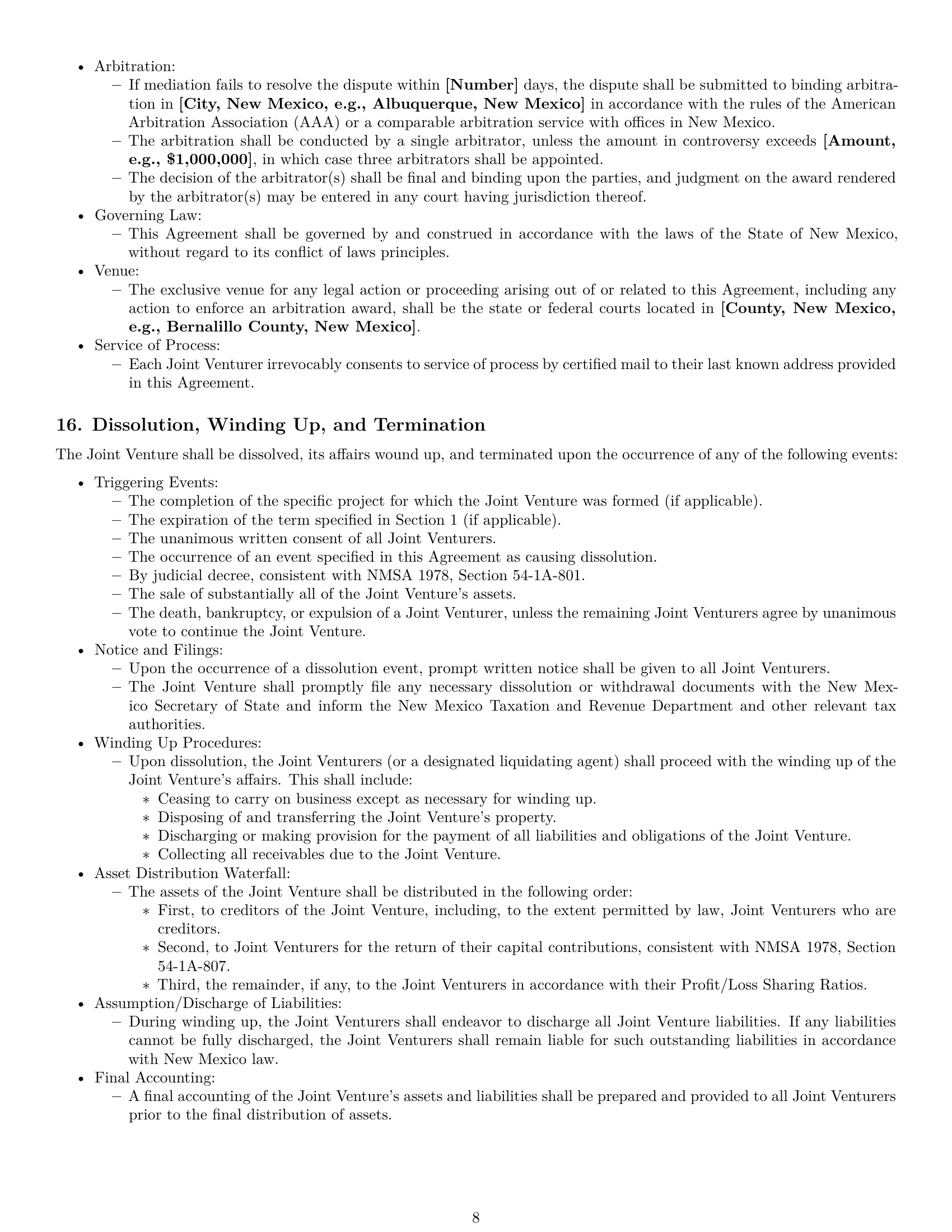 Preview page 8 of Pro New Mexico joint venture agreement template