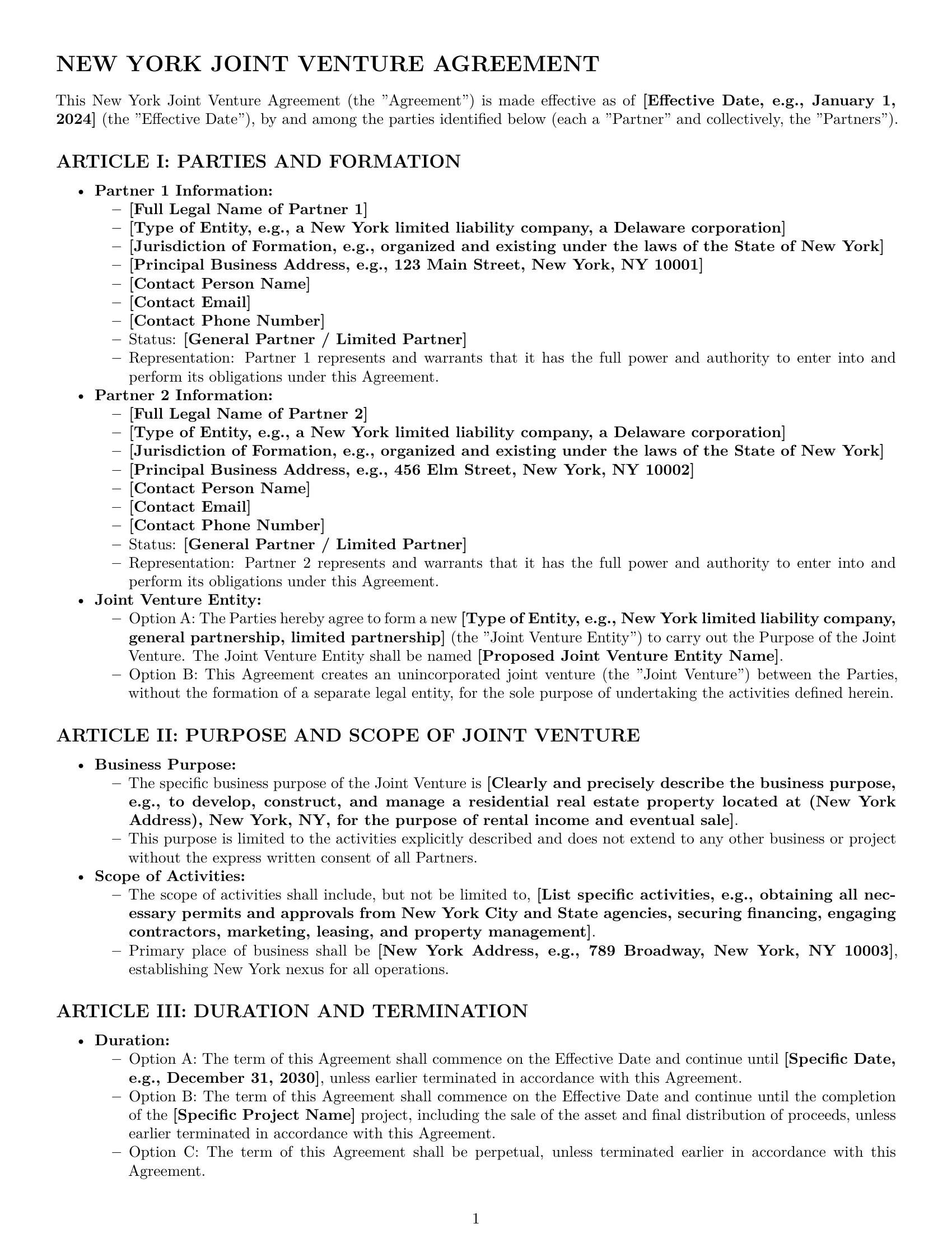 Preview page 1 of Pro New York joint venture agreement template