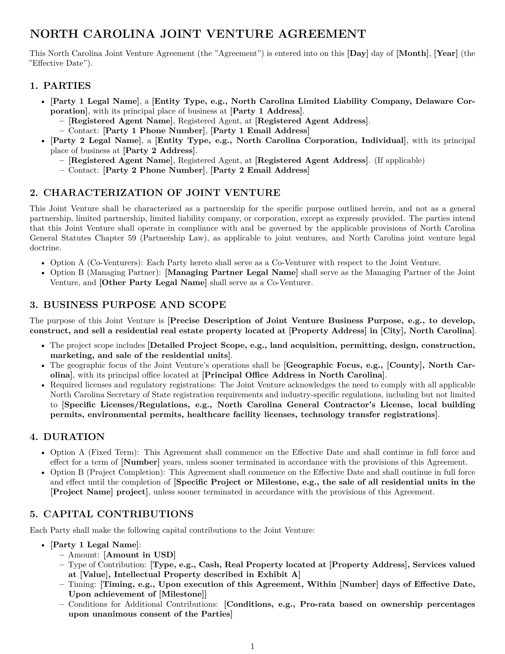 Preview page 1 of Pro North Carolina joint venture agreement template