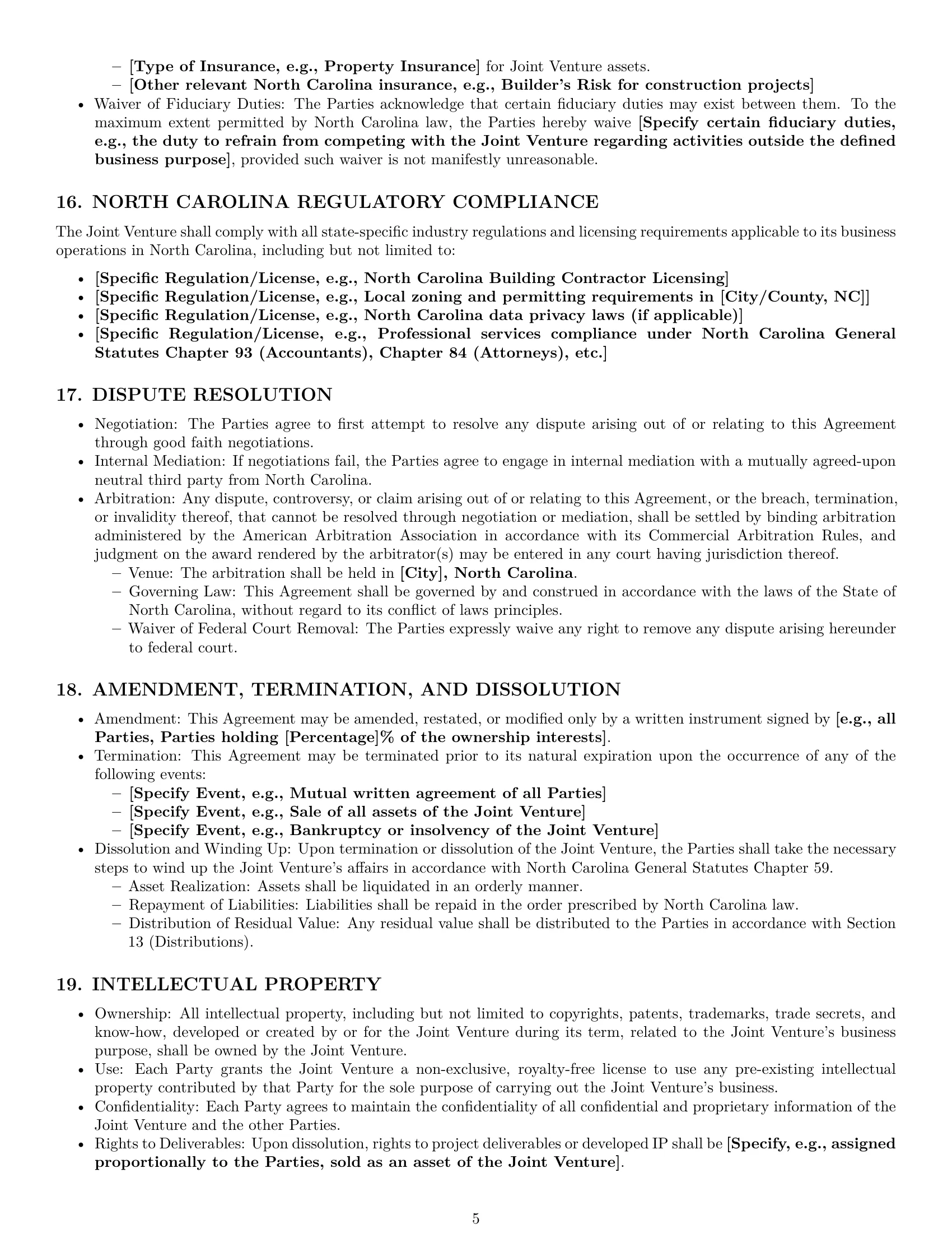 Preview page 5 of Pro North Carolina joint venture agreement template