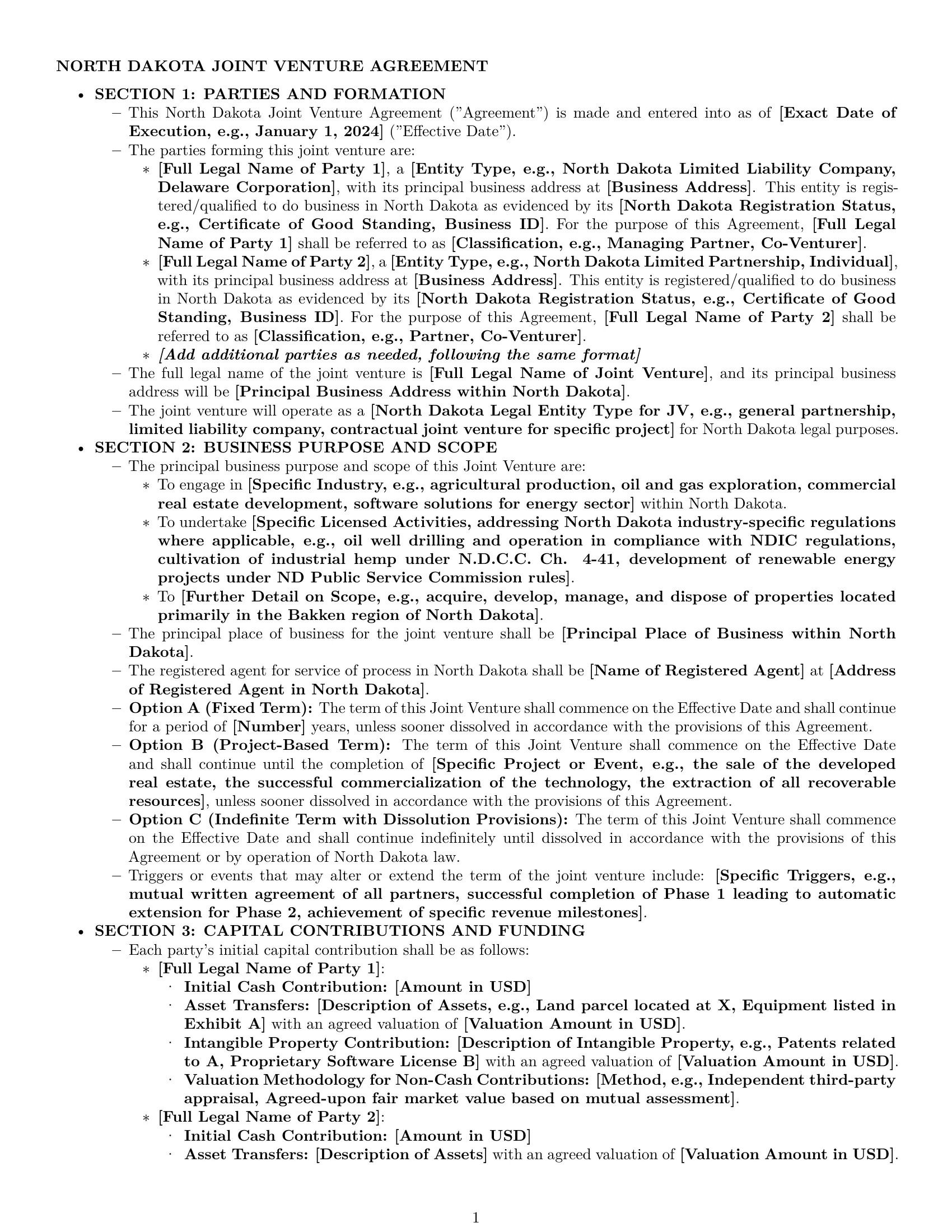 Preview page 1 of Pro North Dakota joint venture agreement template