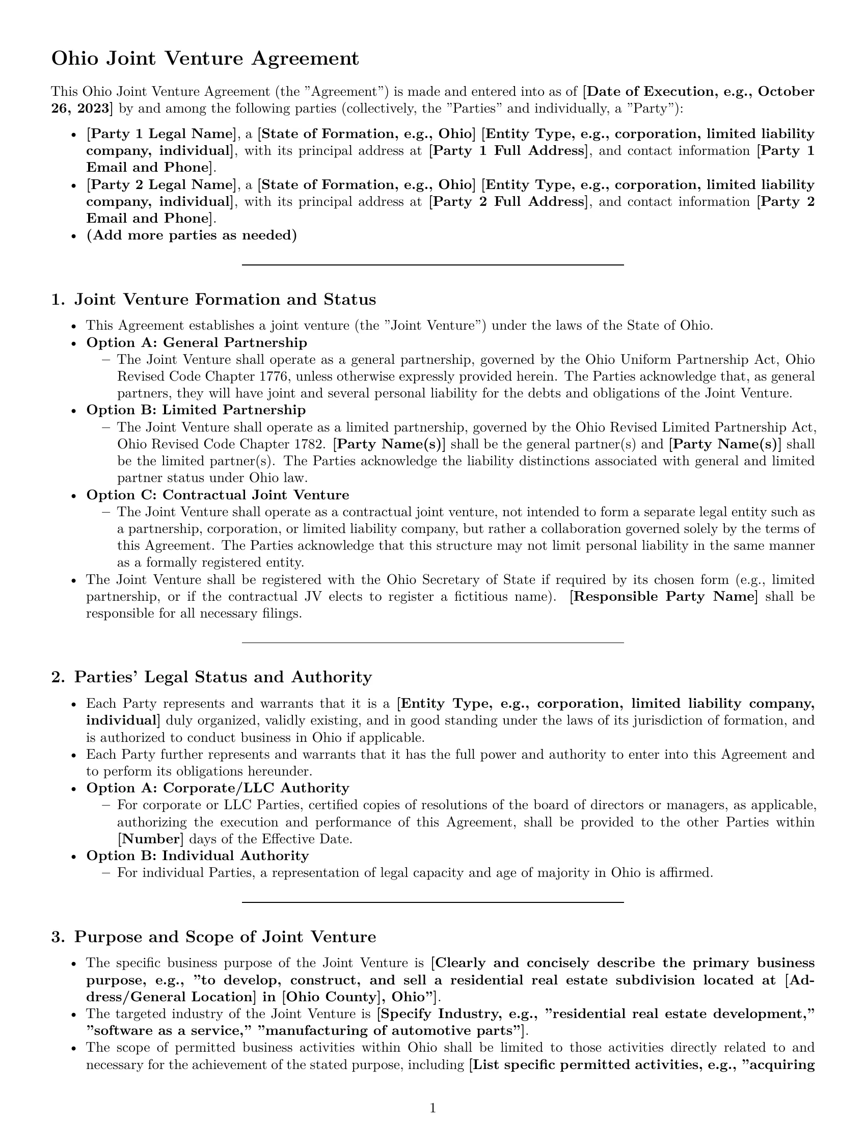 Preview page 1 of Pro Ohio joint venture agreement template