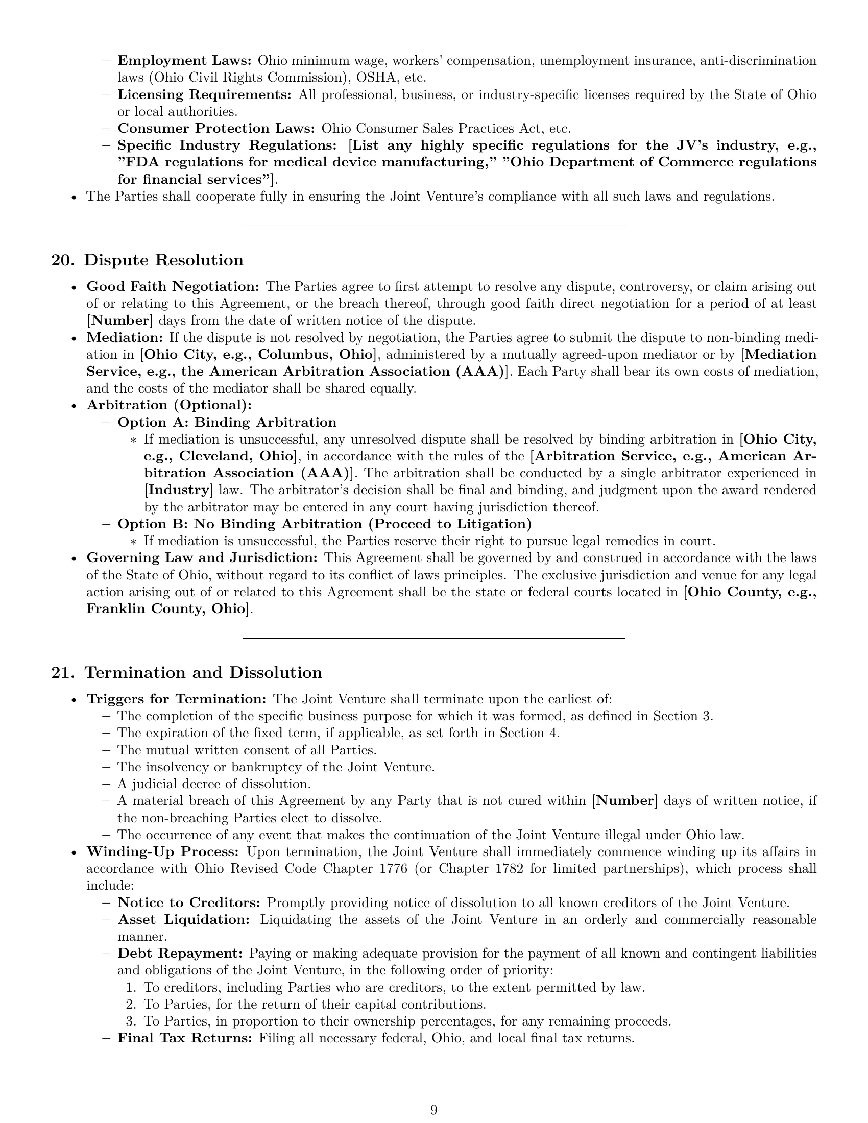 Preview page 9 of Pro Ohio joint venture agreement template