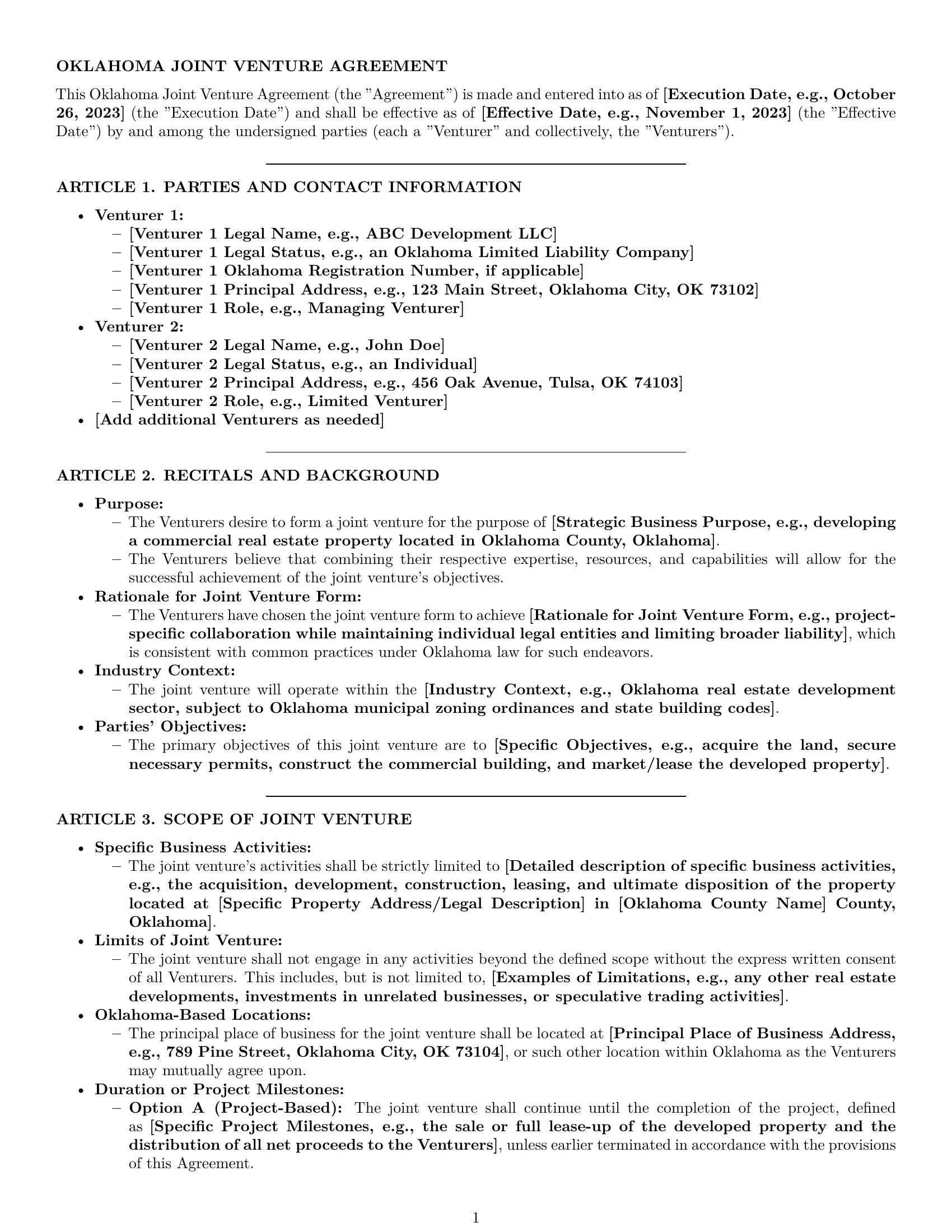 Preview page 1 of Pro Oklahoma joint venture agreement template