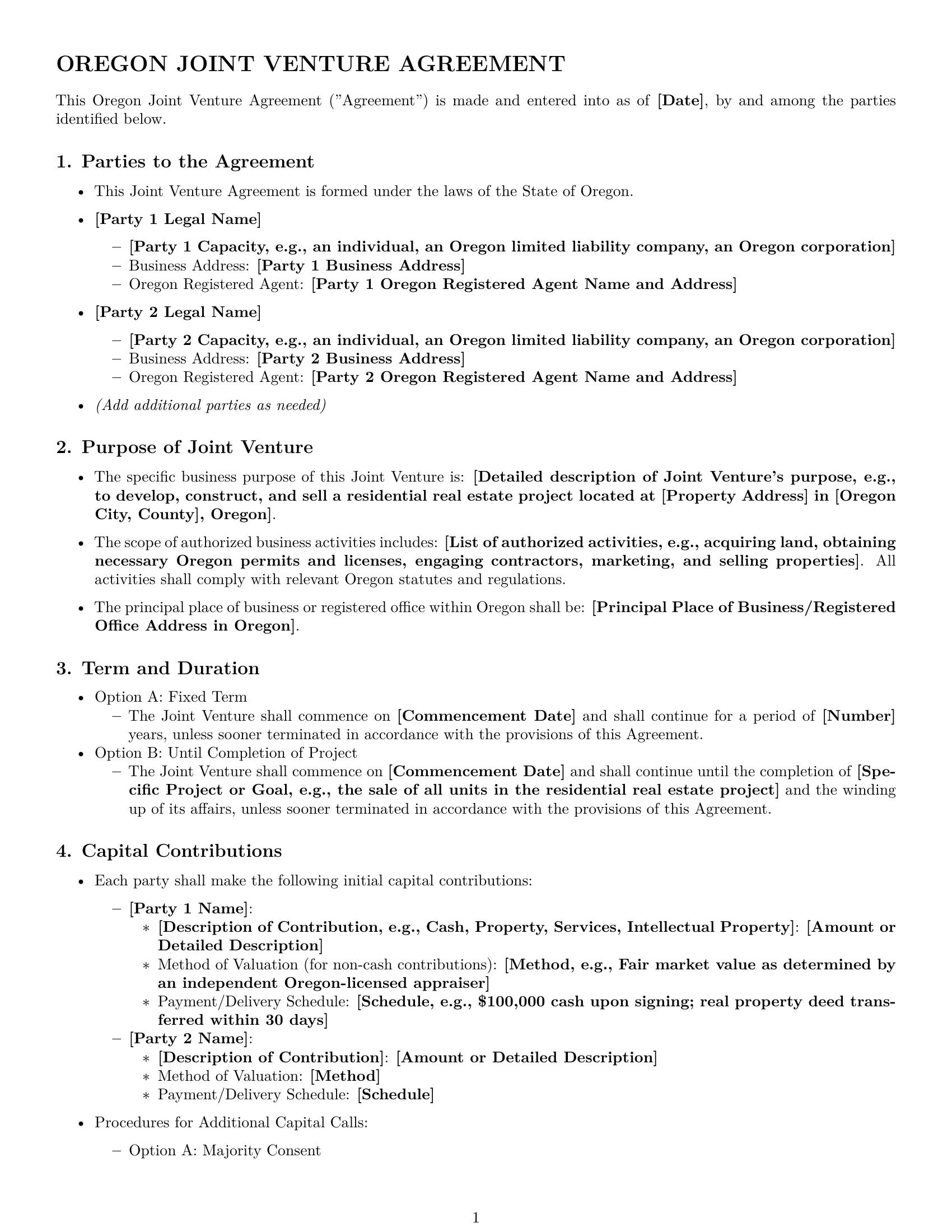 Preview page 1 of Pro Oregon joint venture agreement template