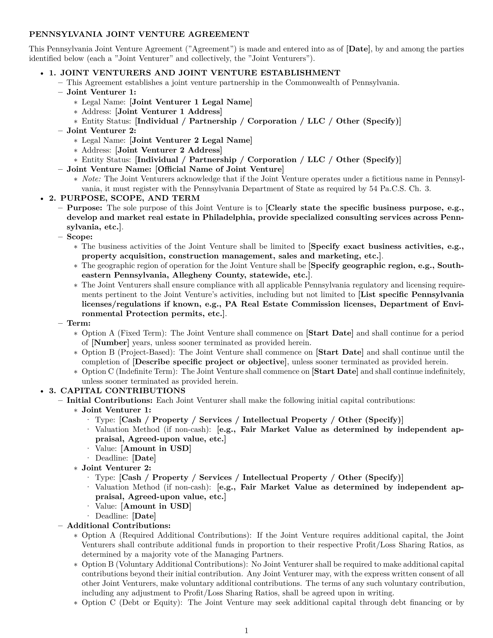 Preview page 1 of Pro Pennsylvania joint venture agreement template