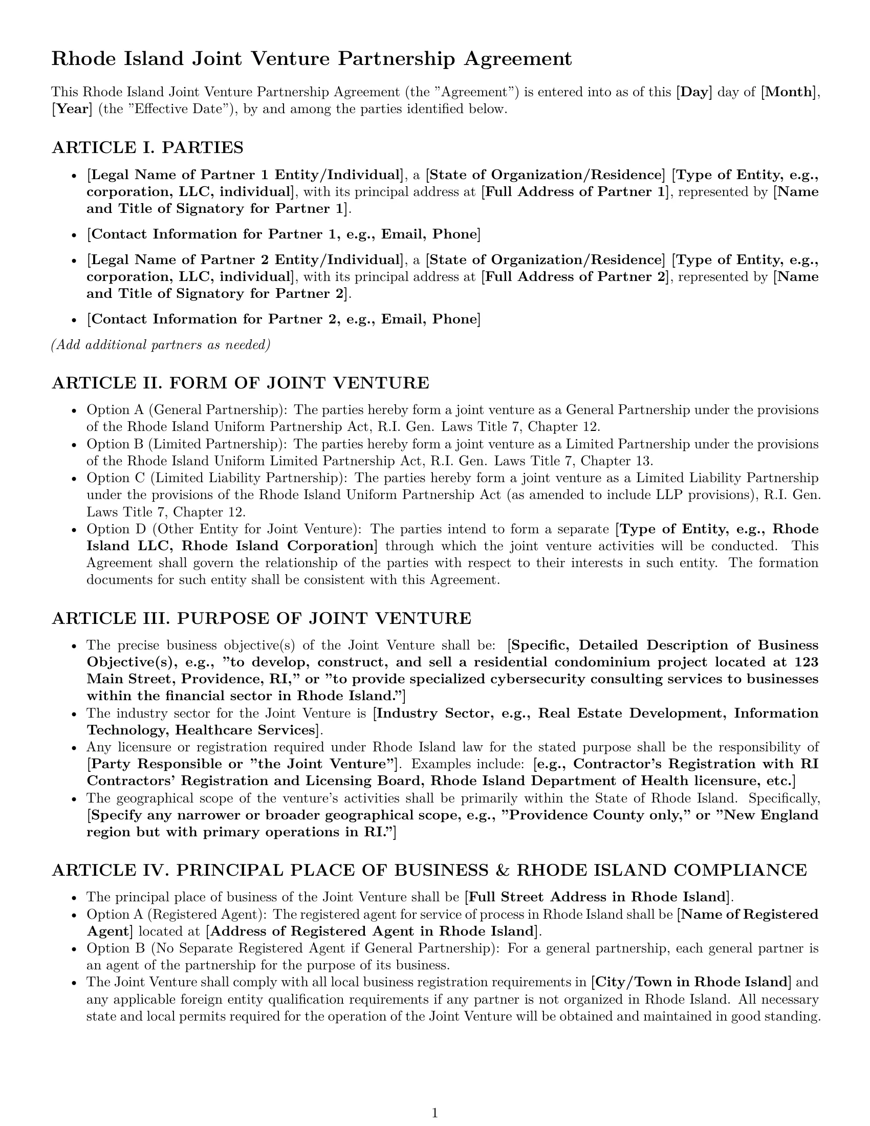 Preview page 1 of Pro Rhode Island joint venture agreement template