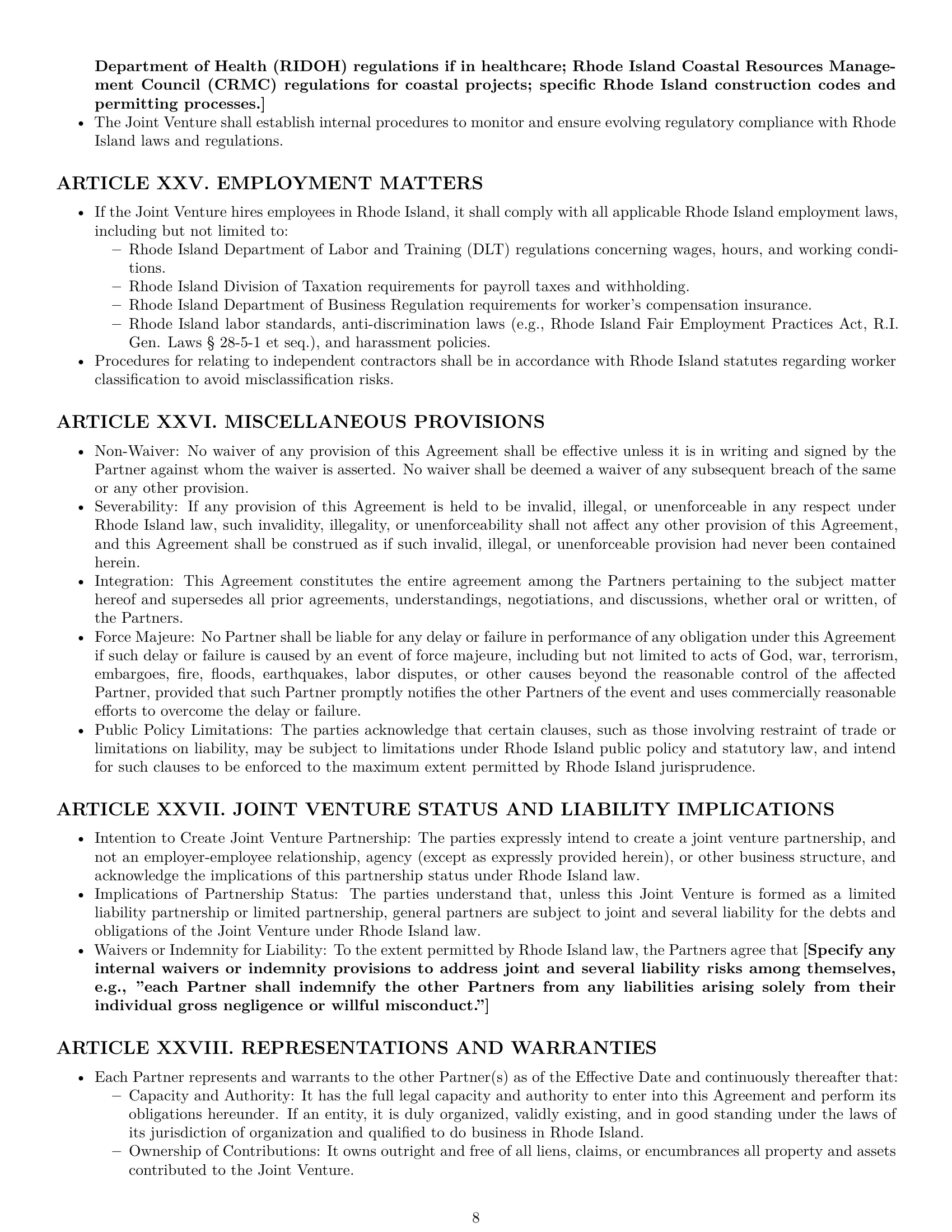 Preview page 8 of Pro Rhode Island joint venture agreement template