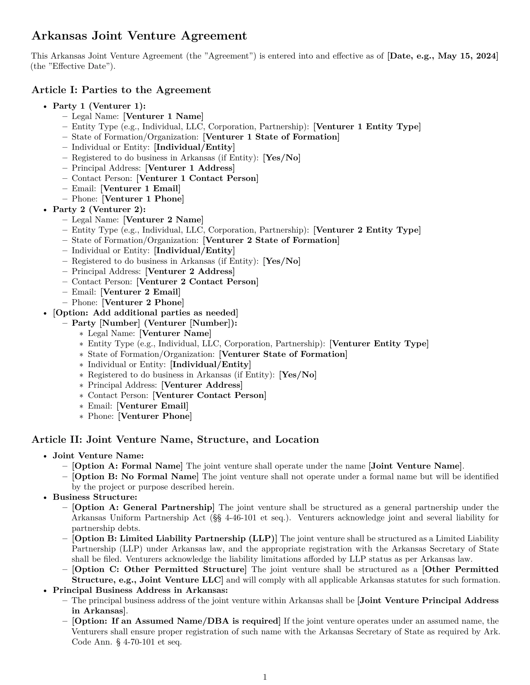 Preview page 1 of Pro Arkansas joint venture agreement template
