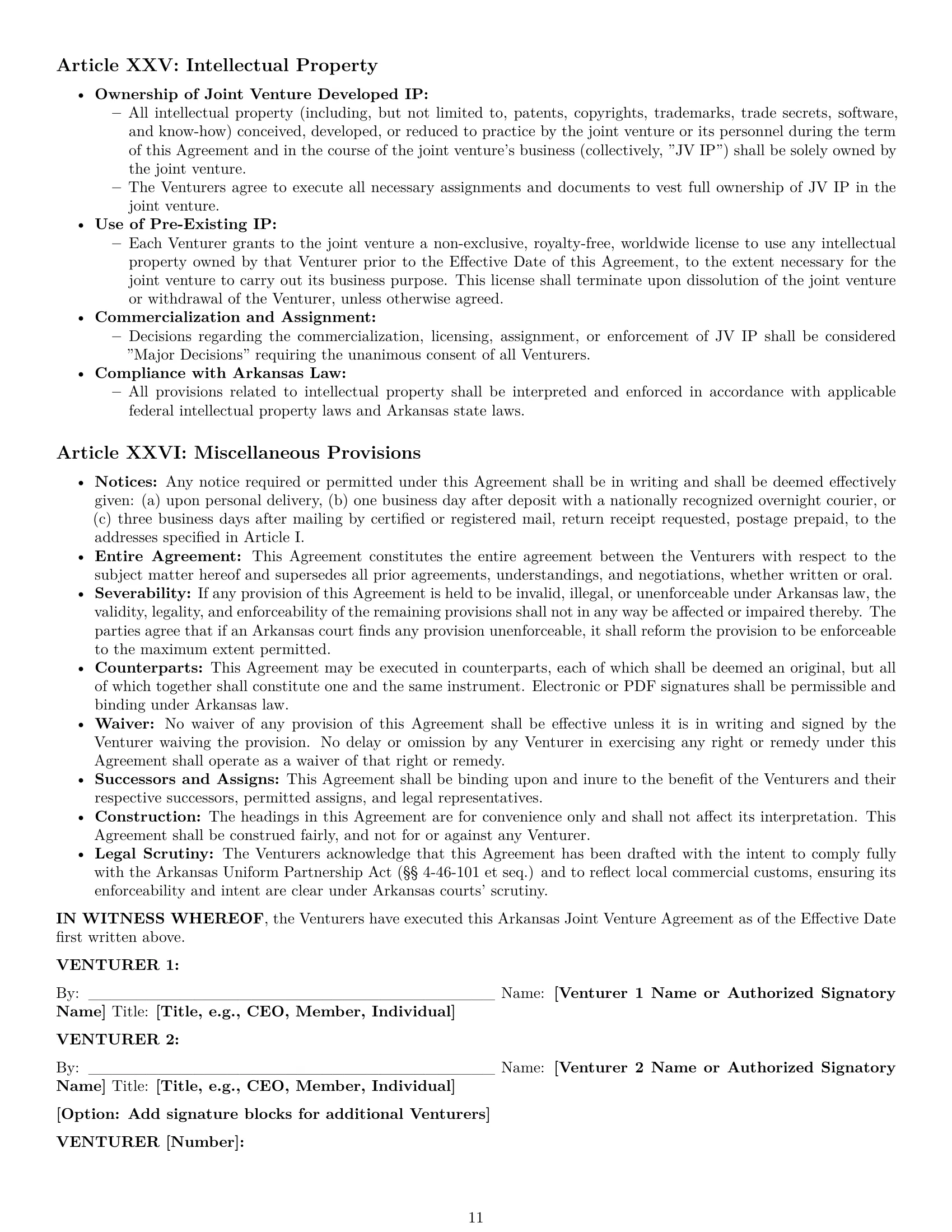 Preview page 11 of Pro Arkansas joint venture agreement template