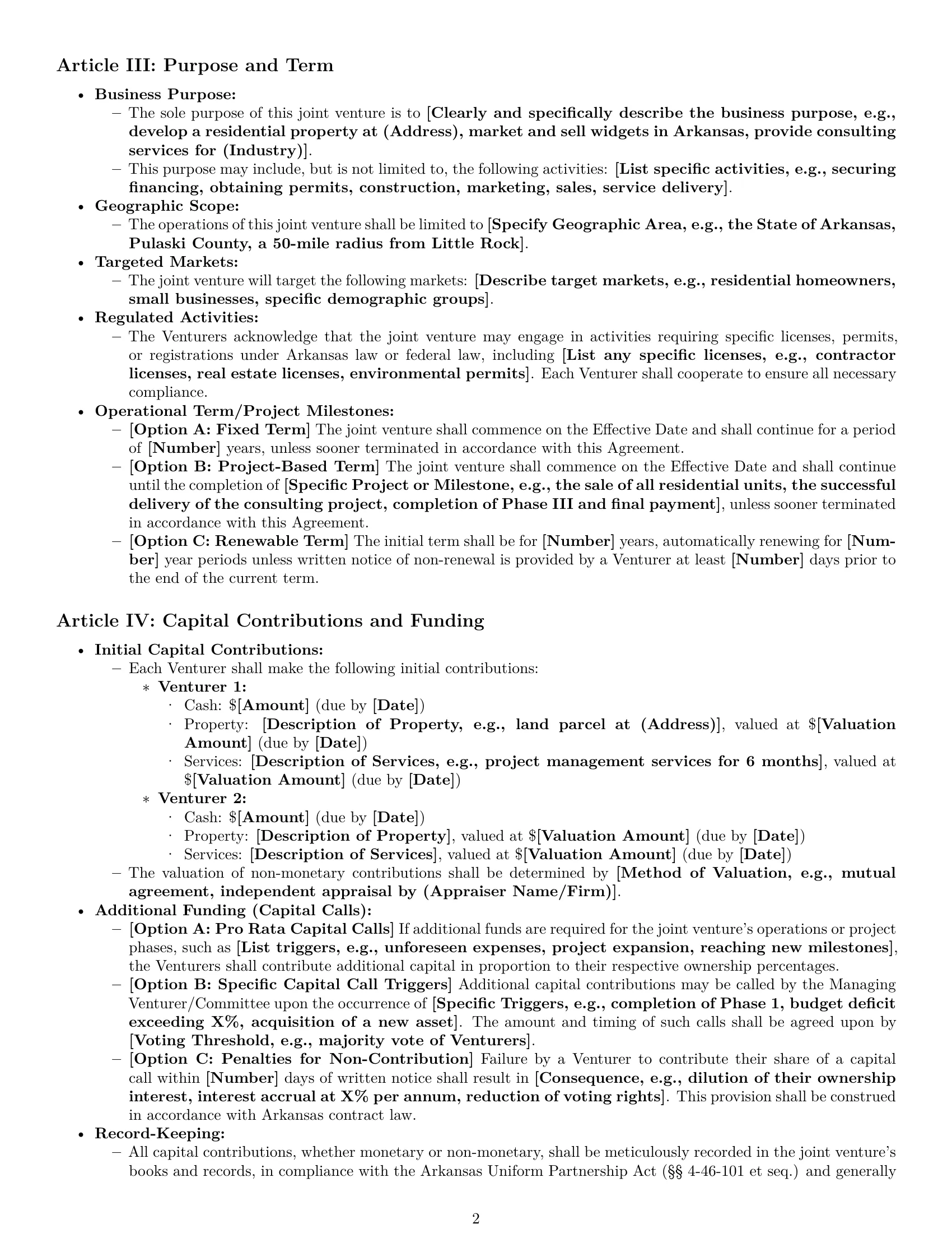 Preview page 2 of Pro Arkansas joint venture agreement template