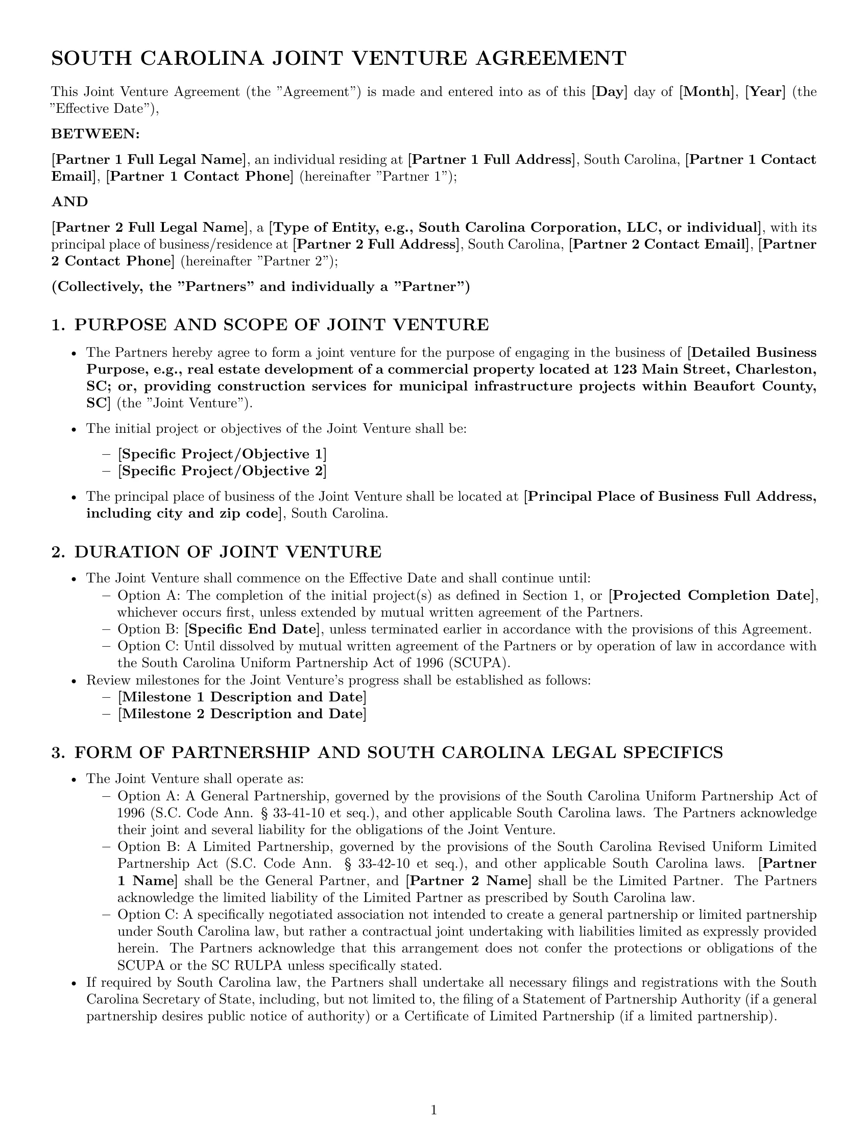 Preview page 1 of Pro South Carolina joint venture agreement template