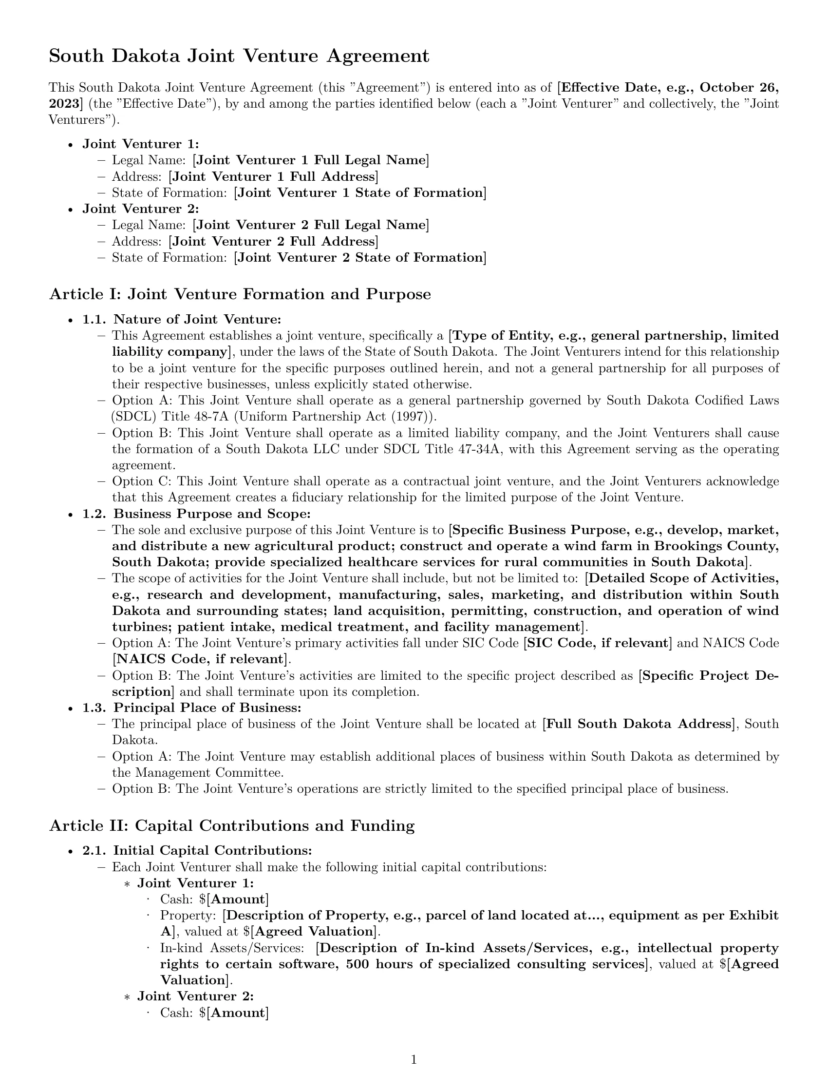 Preview page 1 of Pro South Dakota joint venture agreement template