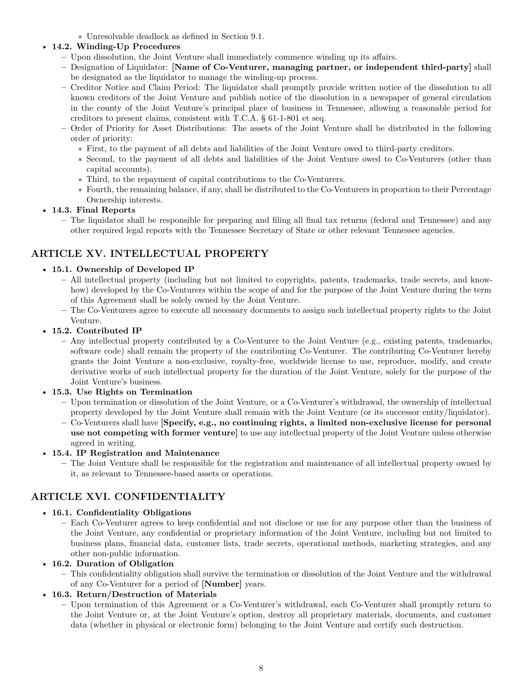 Preview page 8 of Pro Tennessee joint venture agreement template