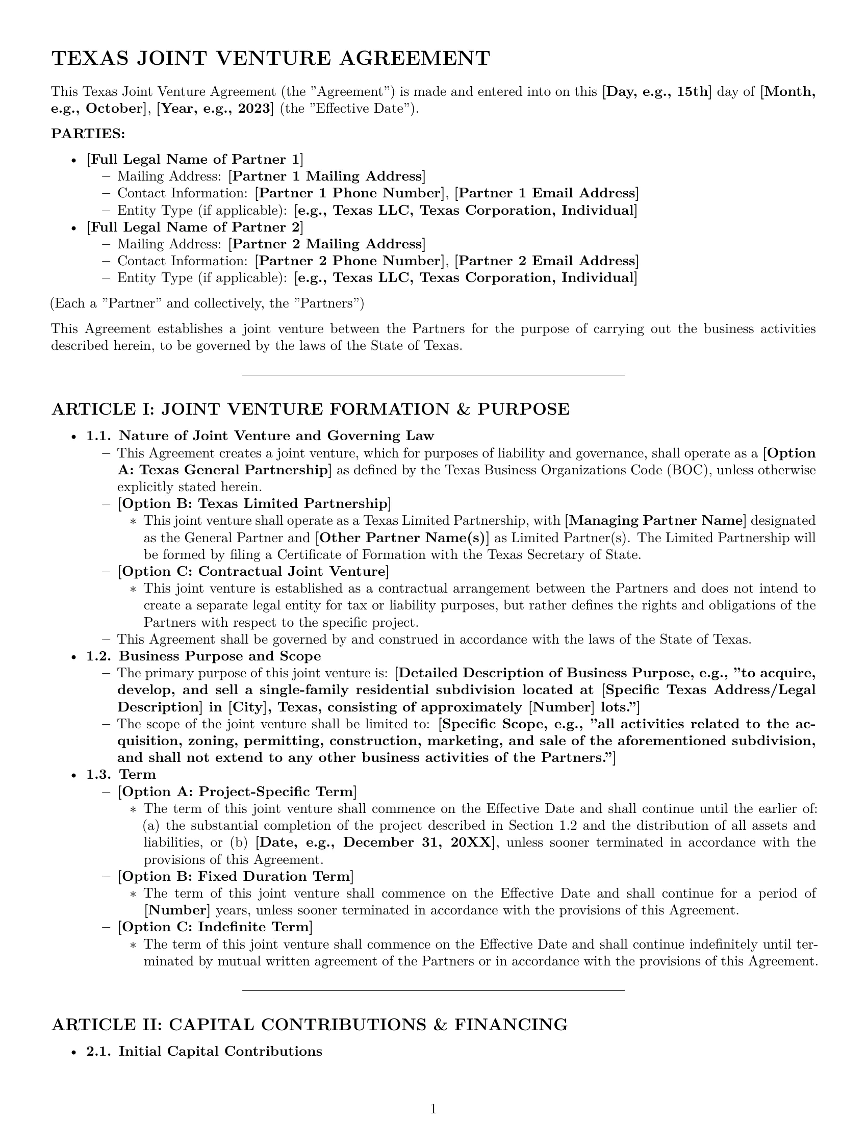 Preview page 1 of Pro Texas joint venture agreement template