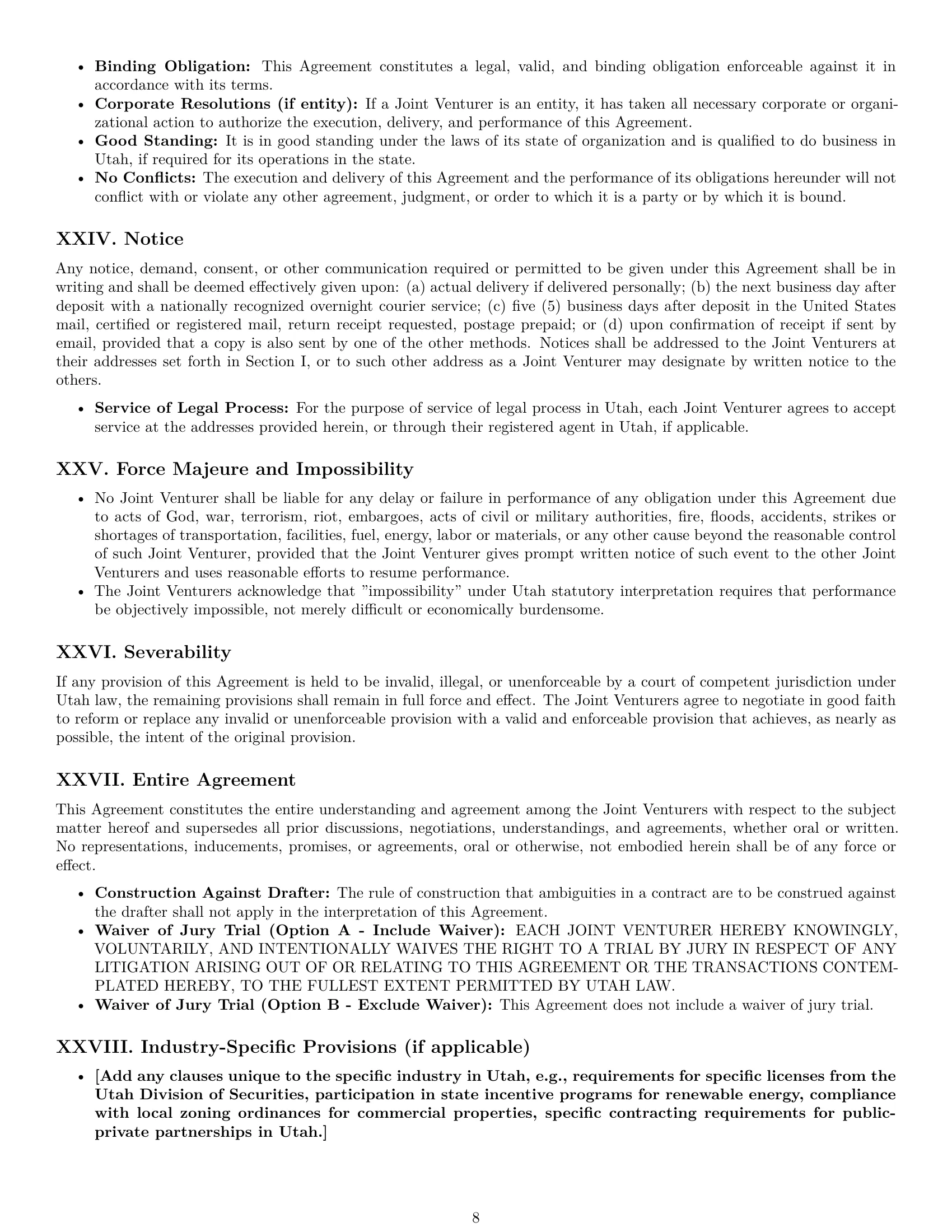 Preview page 8 of Pro Utah joint venture agreement template