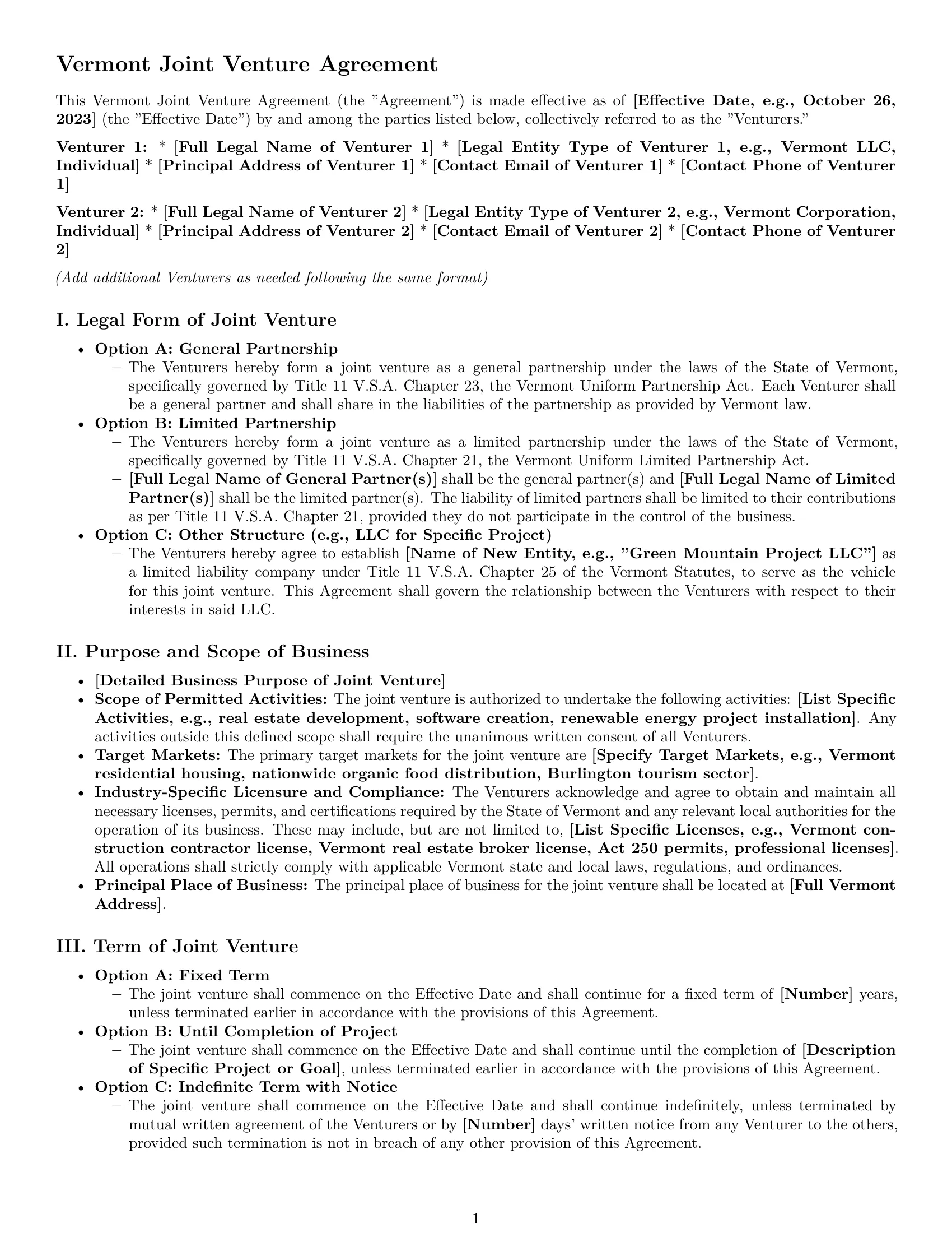 Preview page 1 of Pro Vermont joint venture agreement template