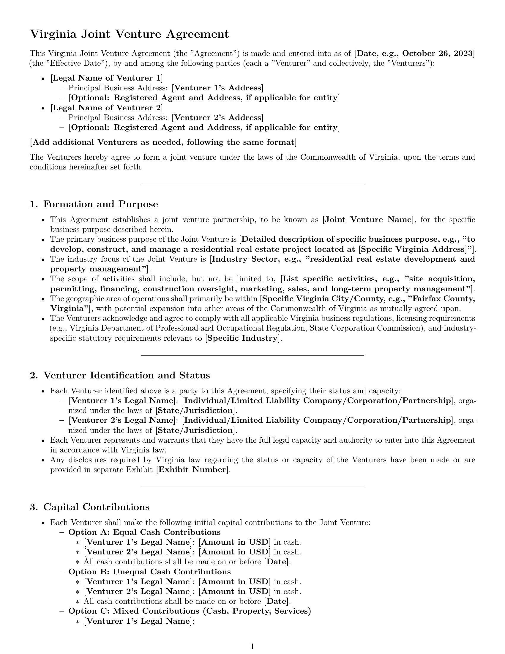 Preview page 1 of Pro Virginia joint venture agreement template