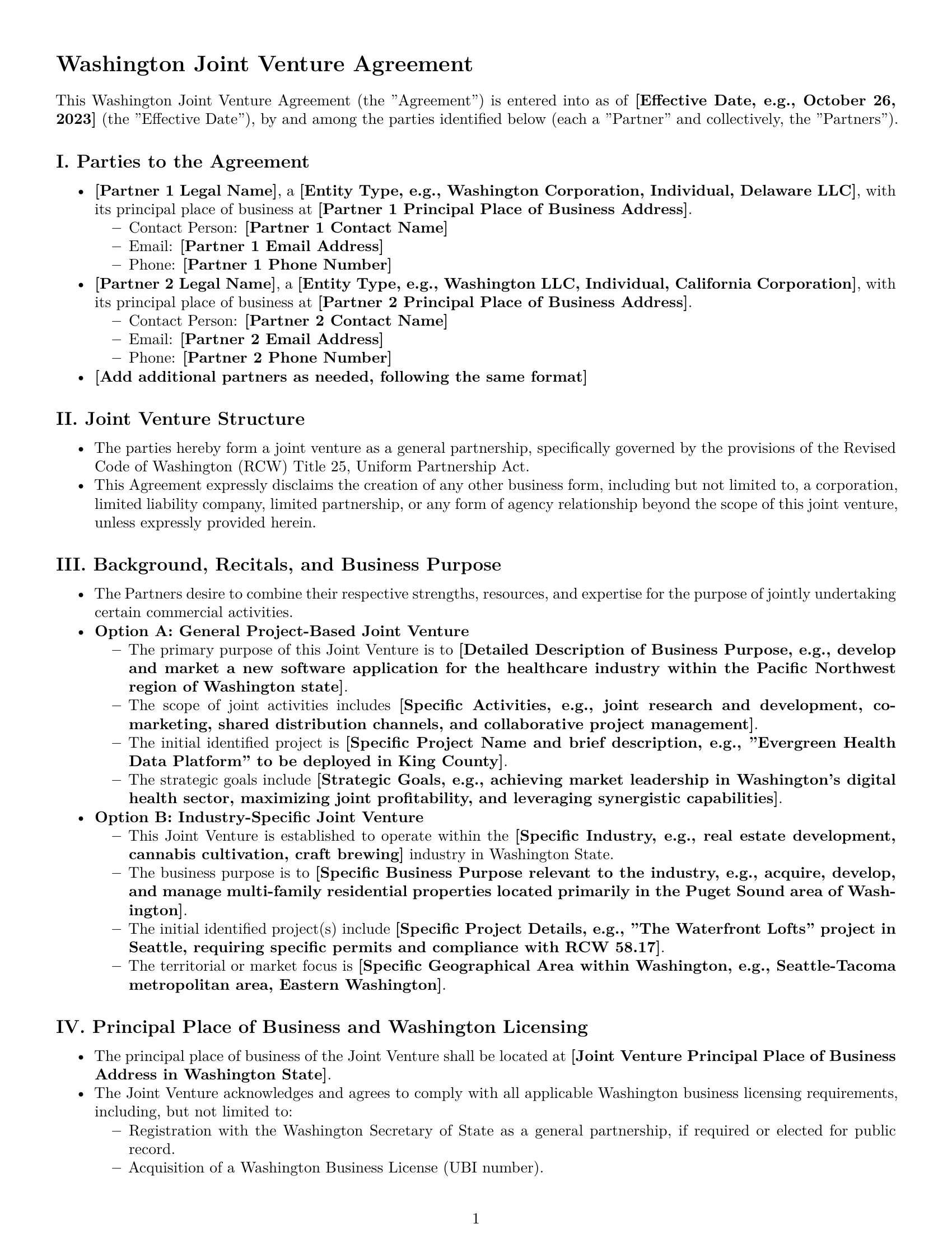 Preview page 1 of Pro Washington joint venture agreement template