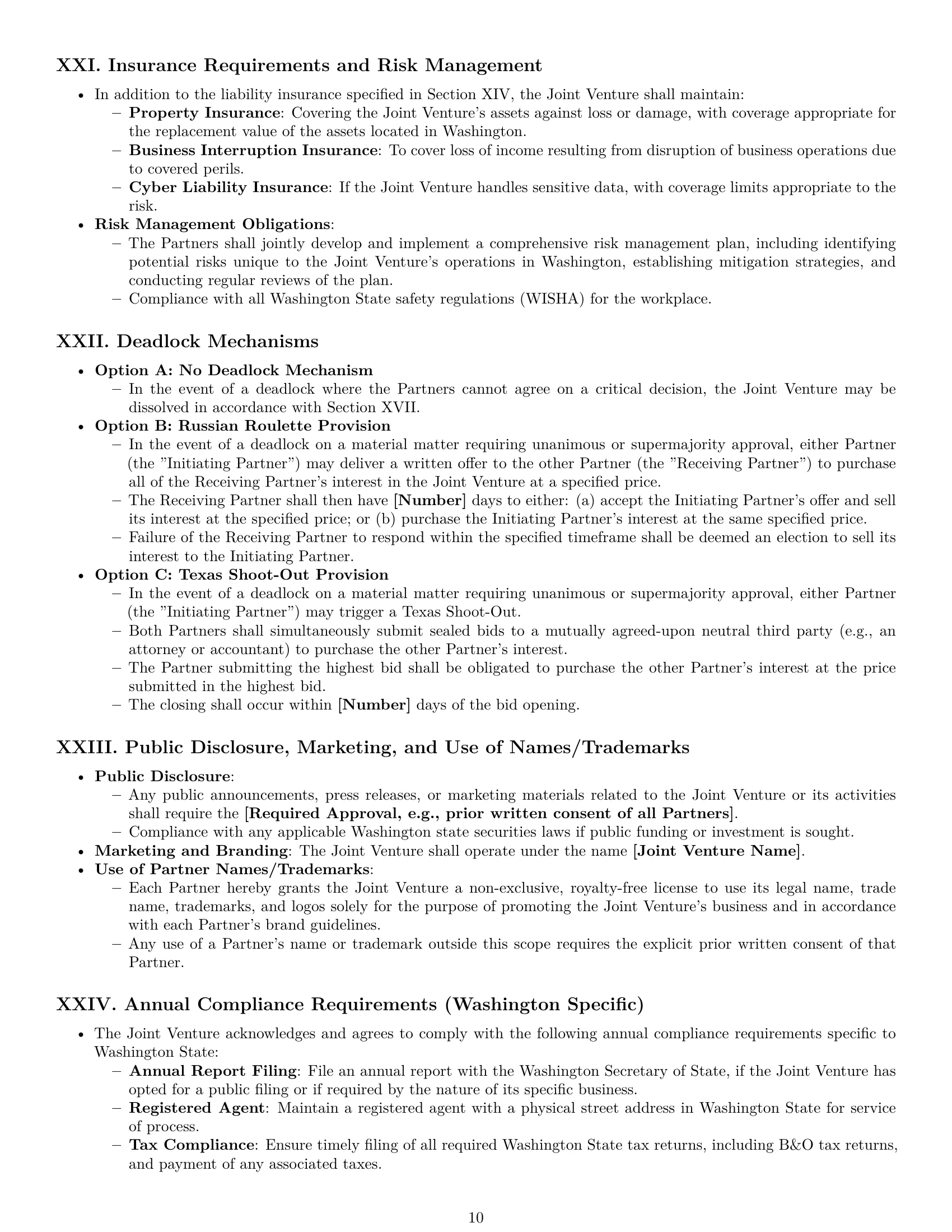 Preview page 10 of Pro Washington joint venture agreement template