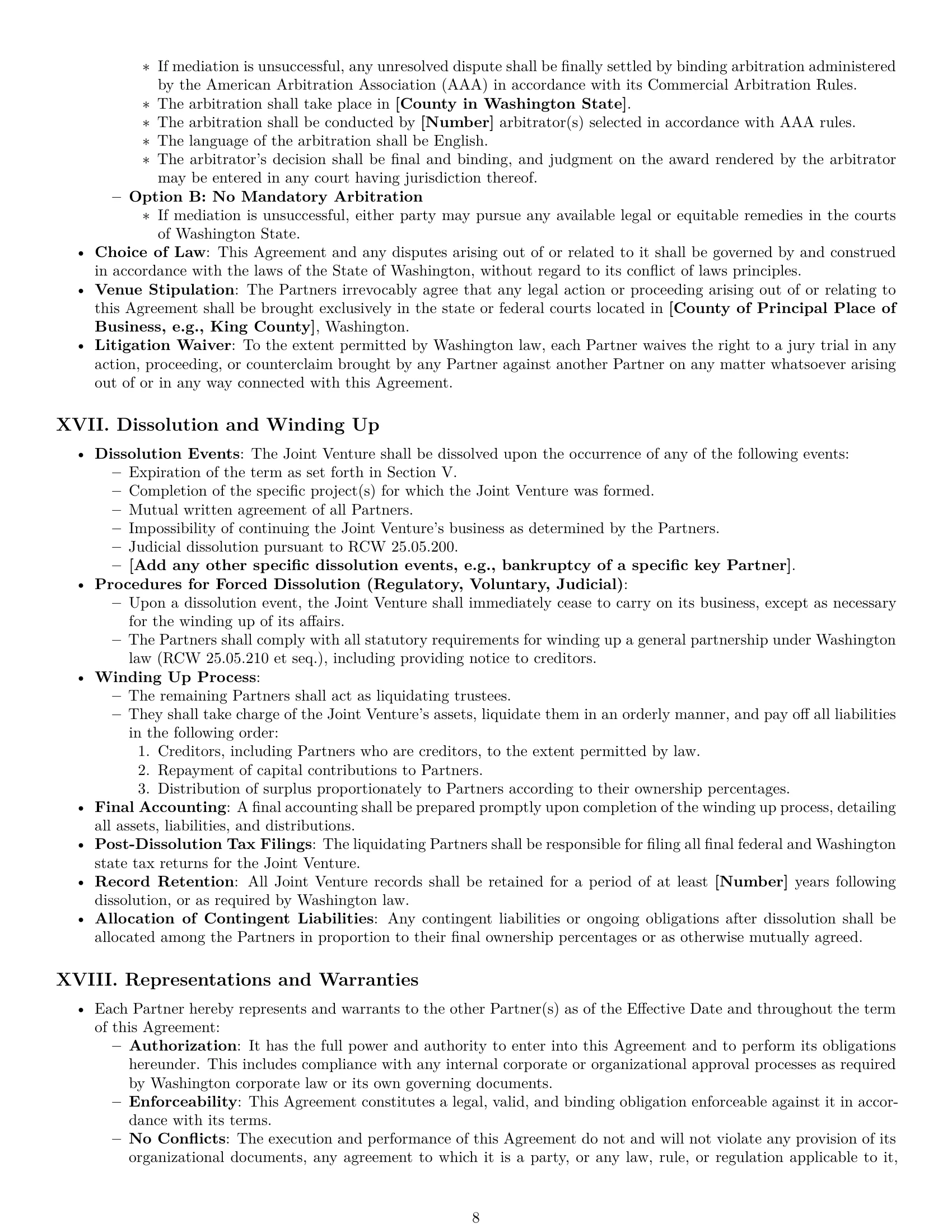 Preview page 8 of Pro Washington joint venture agreement template