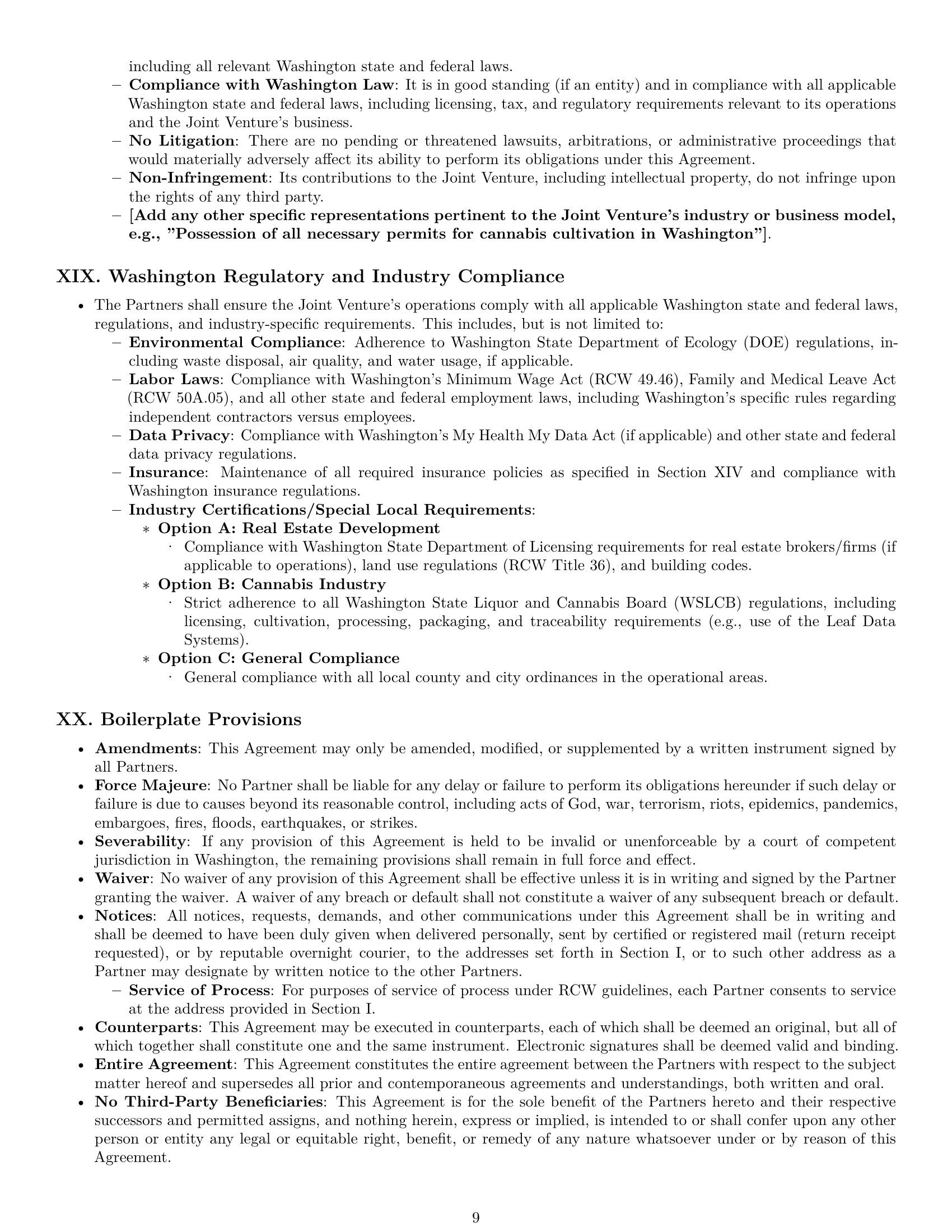 Preview page 9 of Pro Washington joint venture agreement template