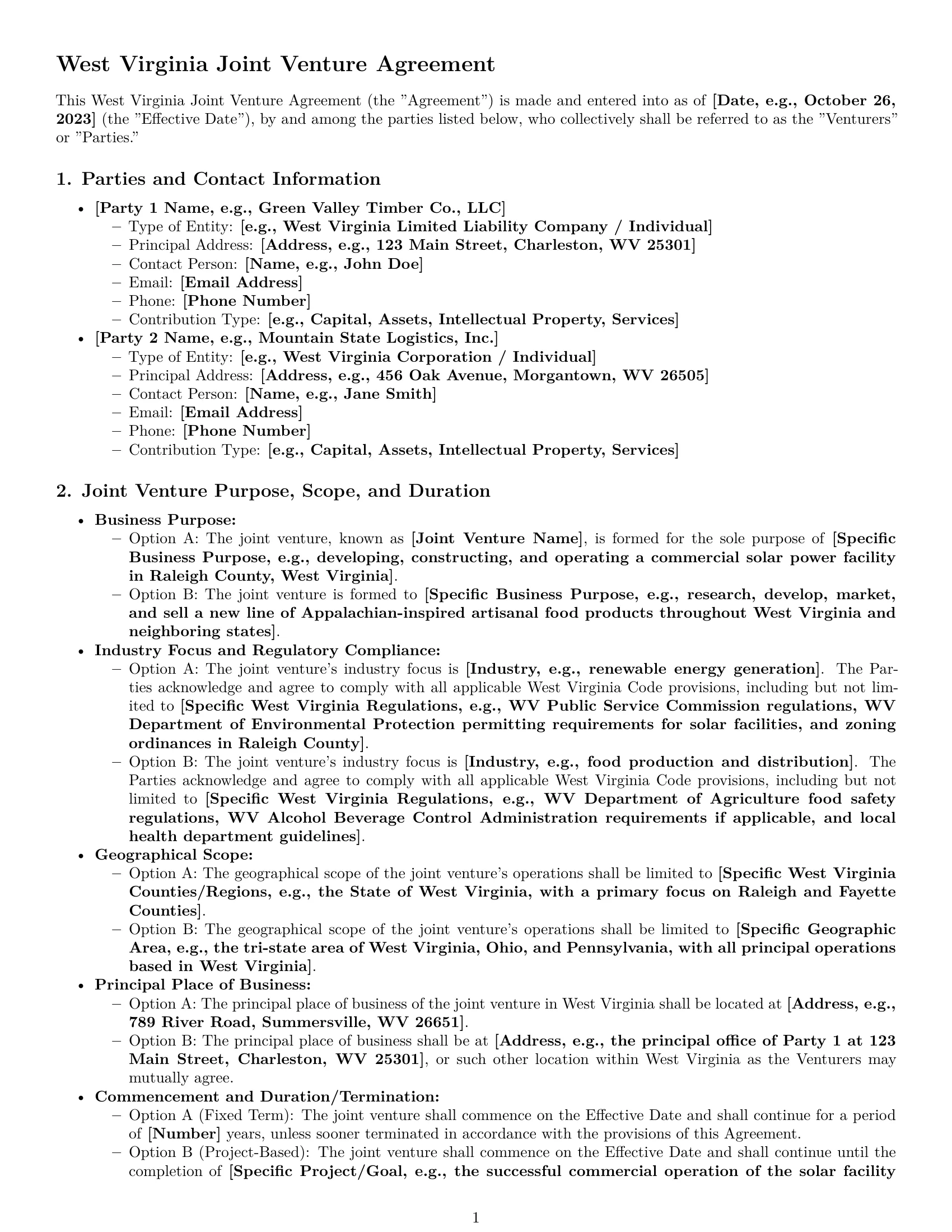 Preview page 1 of Pro West Virginia joint venture agreement template