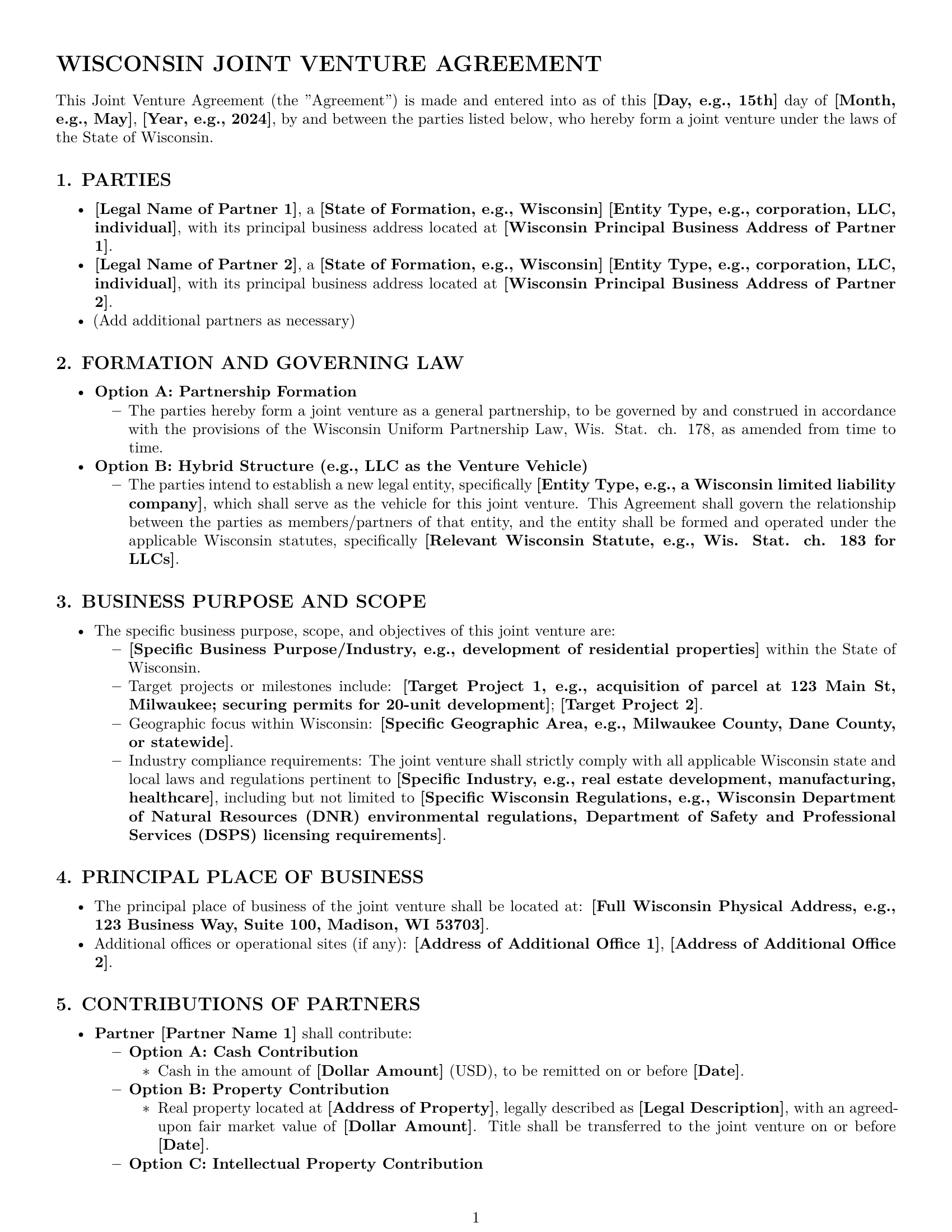 Preview page 1 of Pro Wisconsin joint venture agreement template