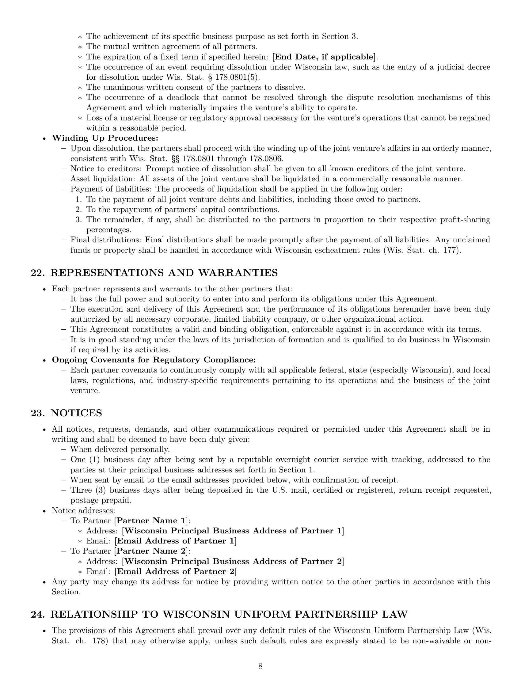 Preview page 8 of Pro Wisconsin joint venture agreement template