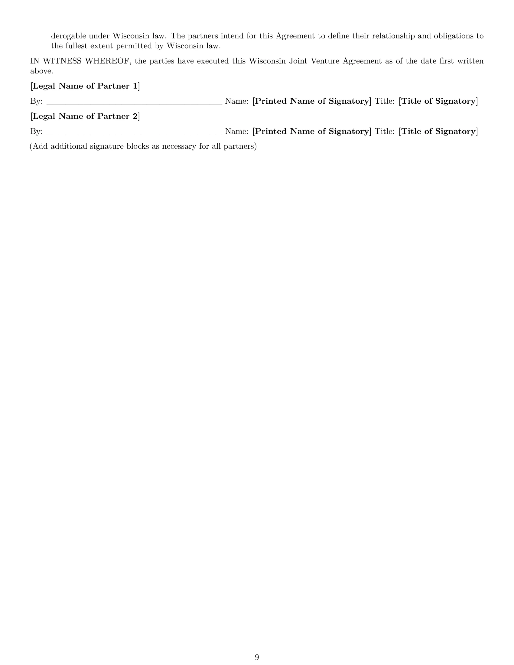 Preview page 9 of Pro Wisconsin joint venture agreement template