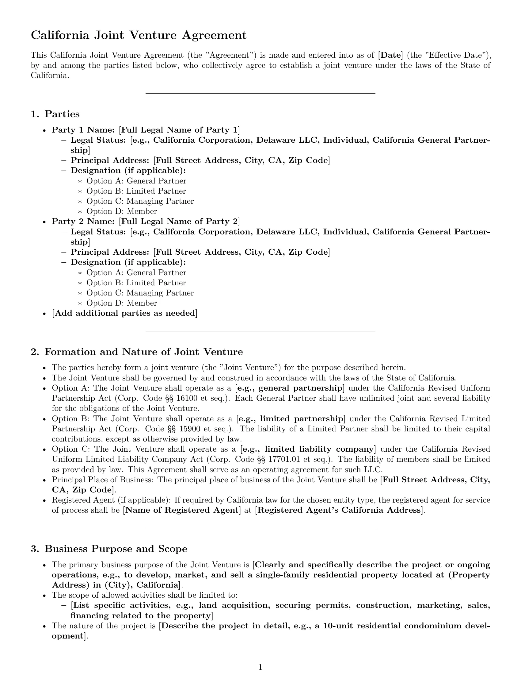 Preview page 1 of Pro California joint venture agreement template