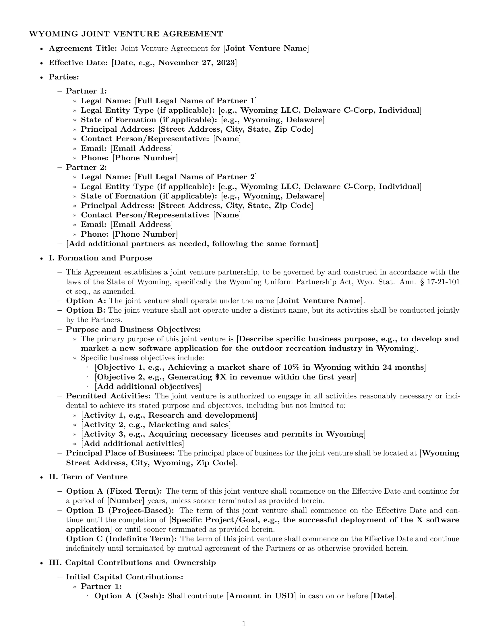 Preview page 1 of Pro Wyoming joint venture agreement template