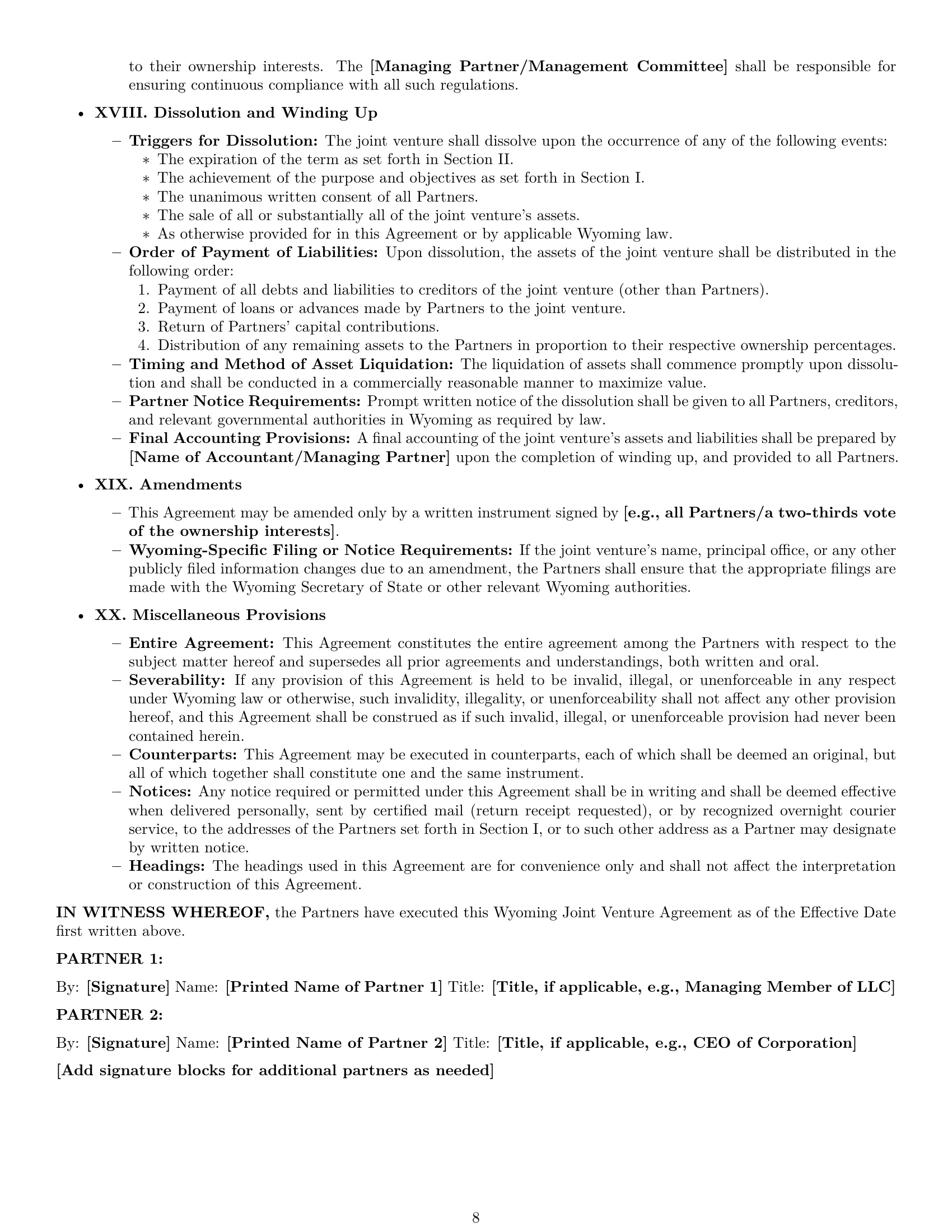 Preview page 8 of Pro Wyoming joint venture agreement template