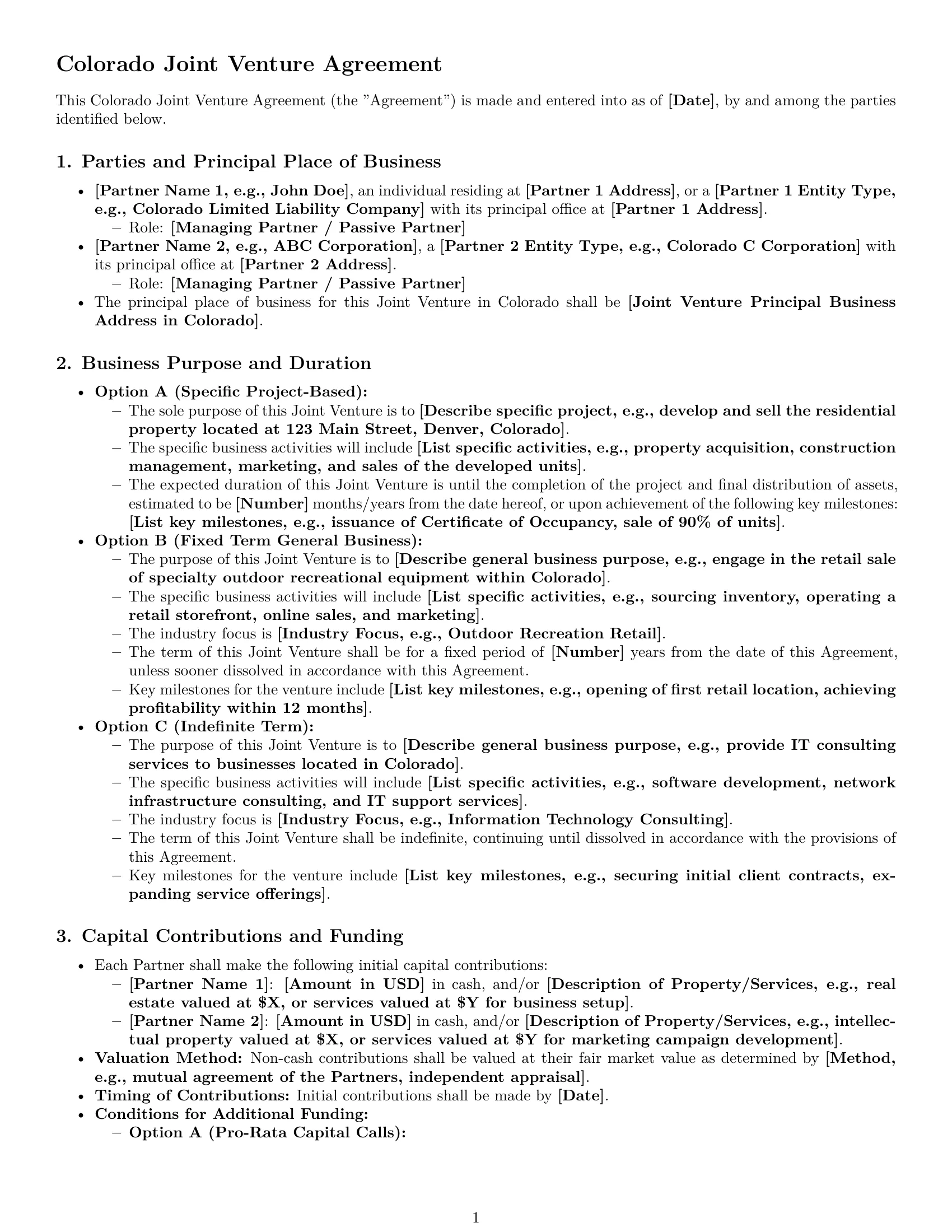 Preview page 1 of Pro Colorado joint venture agreement template