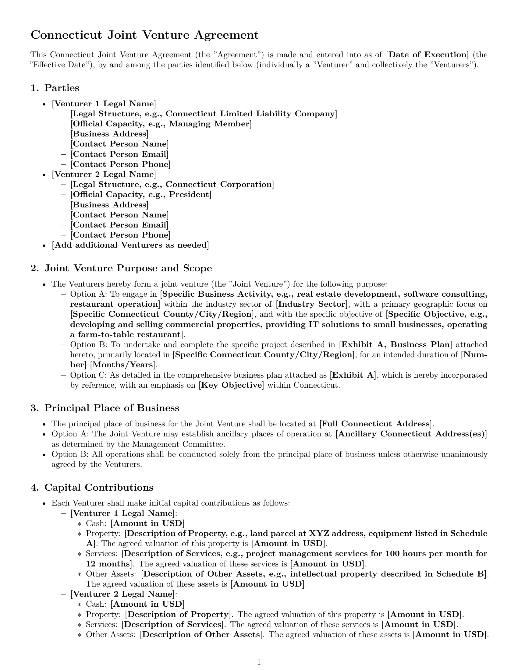 Preview page 1 of Pro Connecticut joint venture agreement template